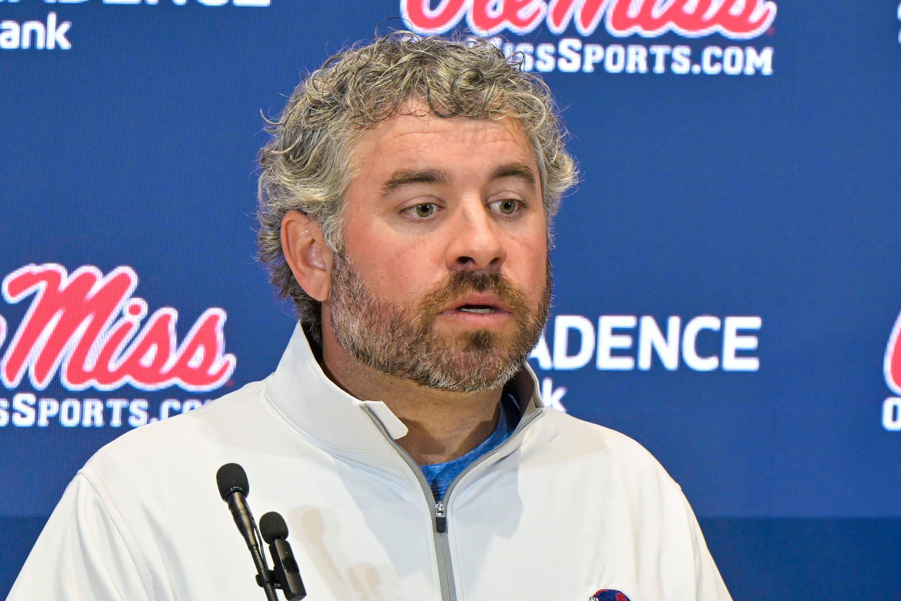 Ole Miss head football coach Pete Golding speaks at a press conference at the Manning Center at the University of Mississippi in Oxford, Miss. on Thursday, December 11, 2025.