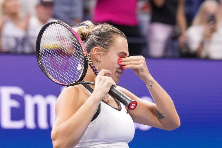 Aryna Sabalenka reacts after winning the women's singles final against Amanda Anisimova (USA) (not pictured) of the 2025 US Open tennis championships at Billie Jean King National Tennis Center.