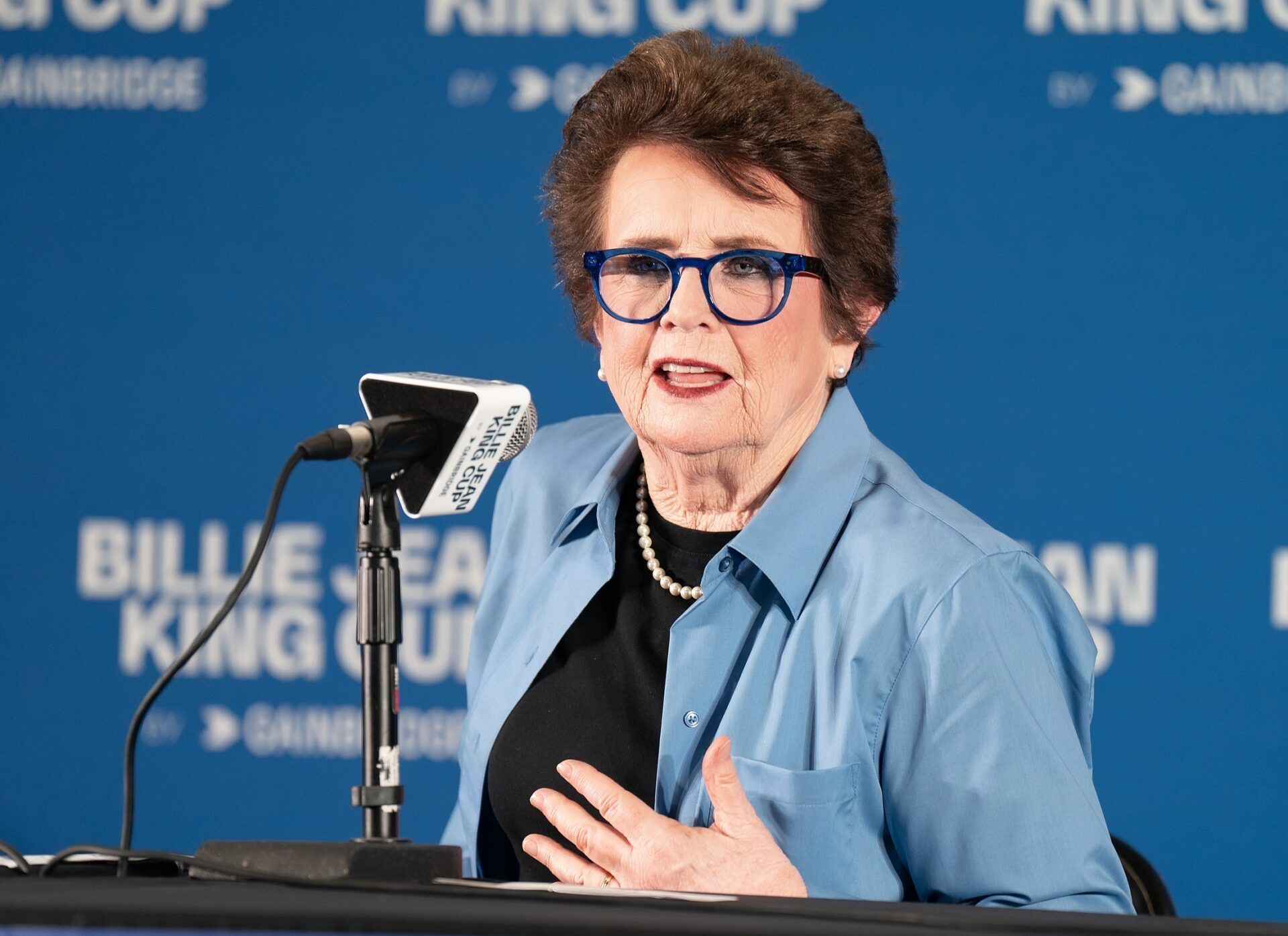 Billie Jean King speaks to the press at the Billie Jean King Cup tie at Delray Beach Tennis Center.
