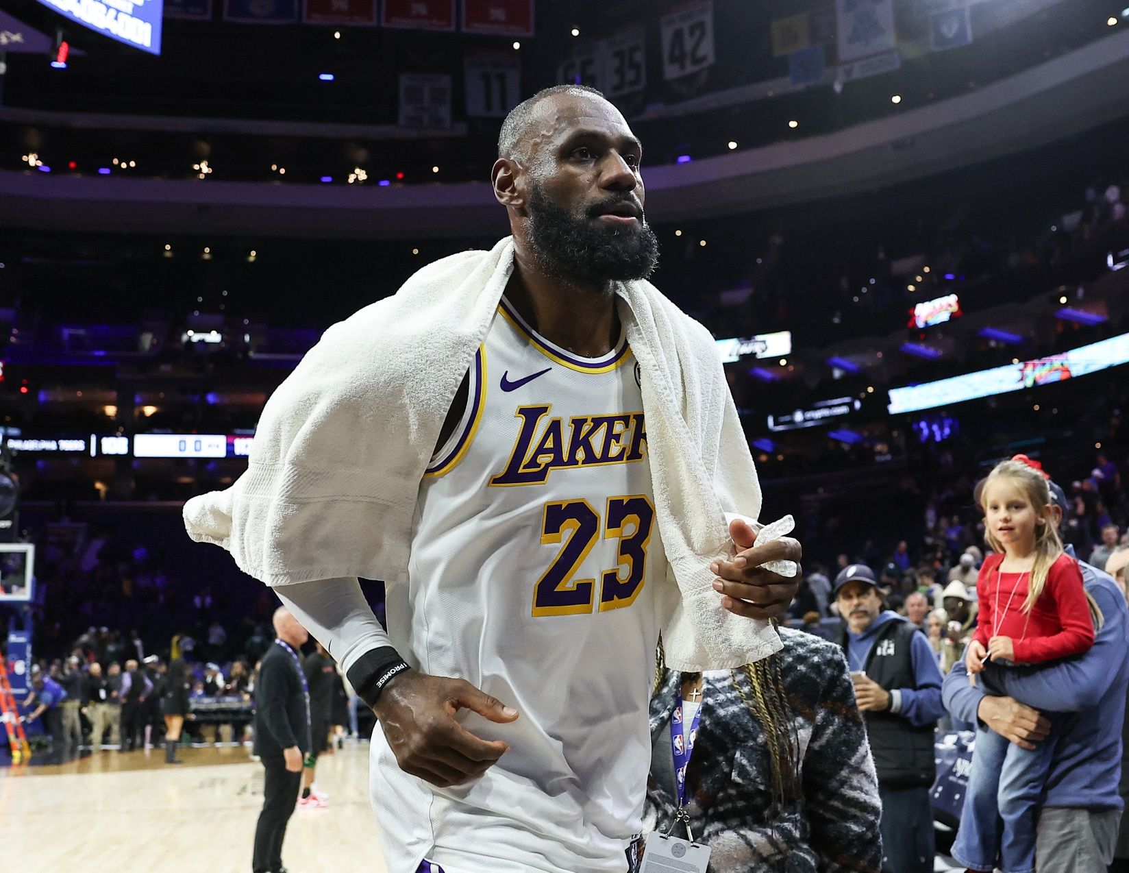 Los Angeles Lakers forward Lebron James (23) runs off the court after a victory against the Philadelphia 76ers at Xfinity Mobile Arena.