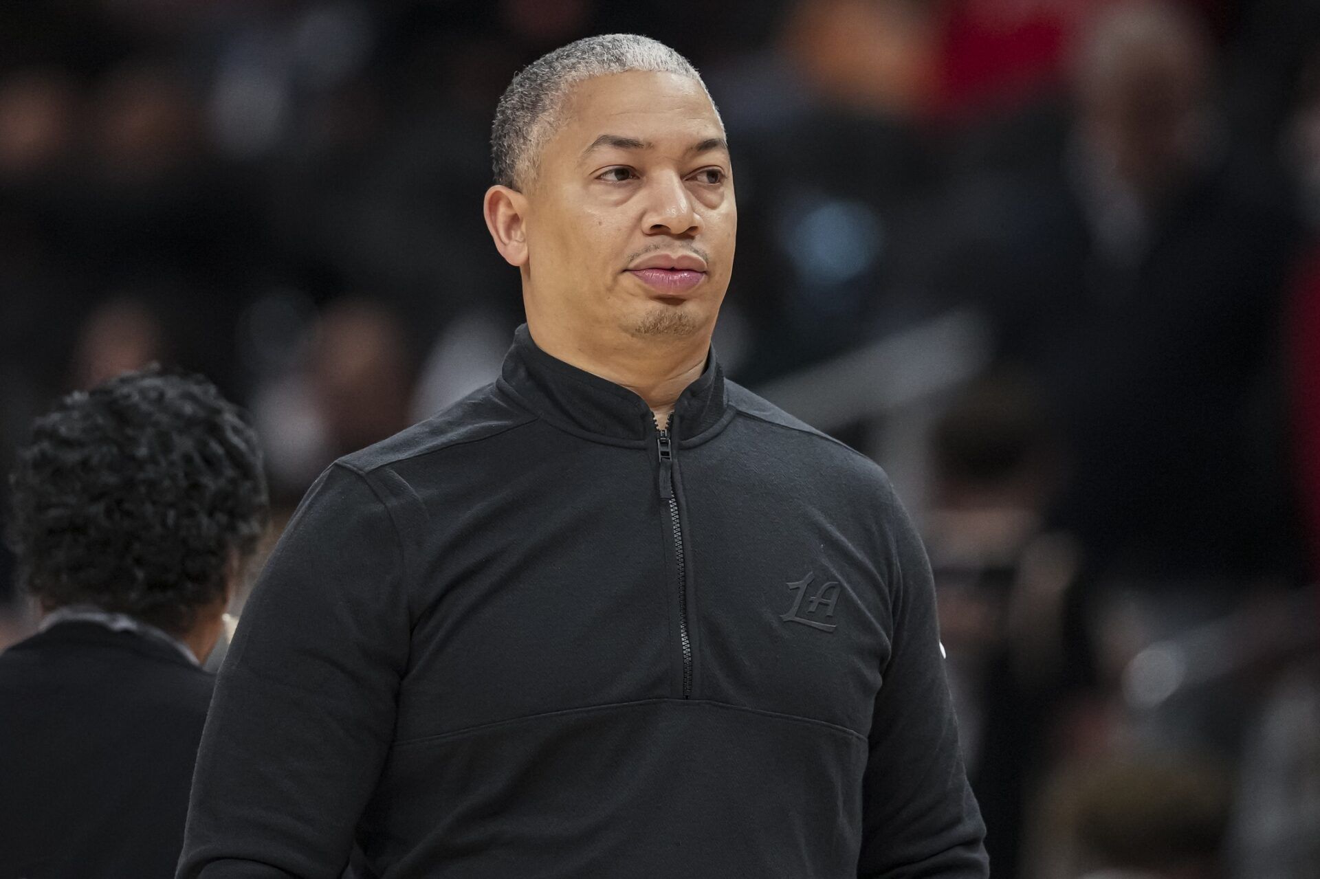 LA Clippers head coach Tyronn Lue on the court during the game against the Atlanta Hawks during the first half at State Farm Arena.