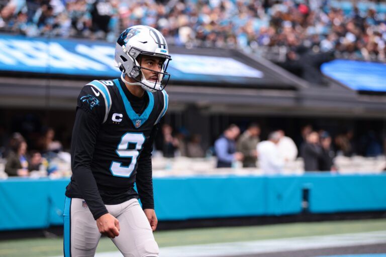 Carolina Panthers quarterback Bryce Young (9) looks on during the first quarter against the Los Angeles Rams at Bank of America Stadium.