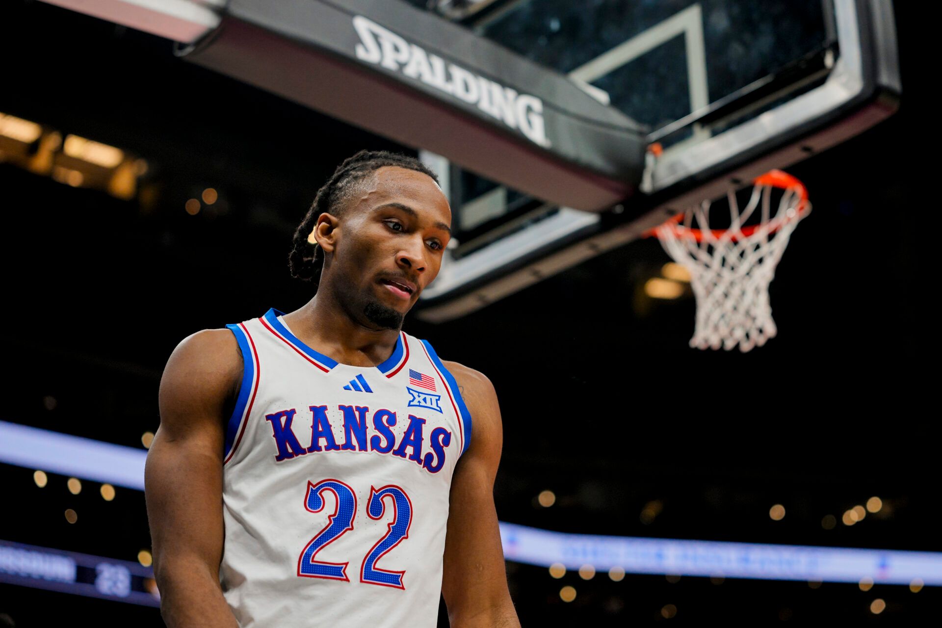 Kansas Jayhawks guard Darryn Peterson (22) reacts during the first half against the Missouri Tigers at T-Mobile Center.