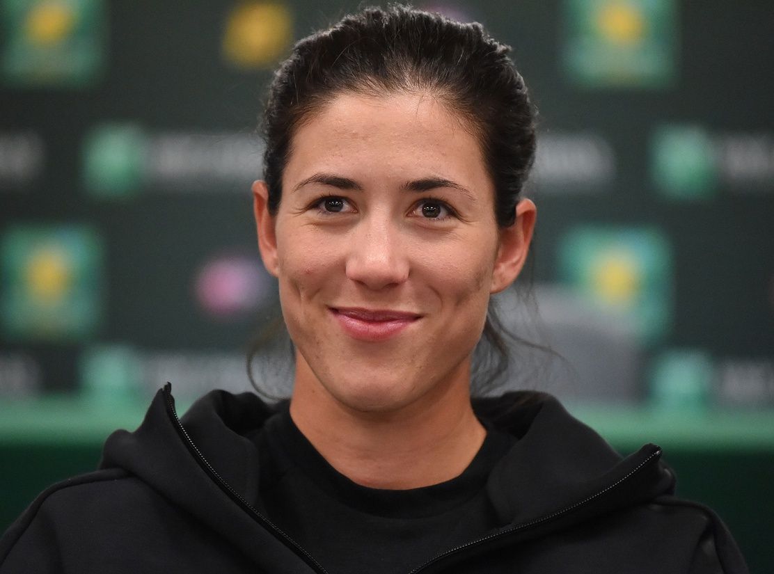 Mar 7, 2018; Indian Wells, CA, Garbine Muguruza (ESP) is interviewed by the media before the start of the BNP Paribas Open at the Indian Wells Tennis Garden.