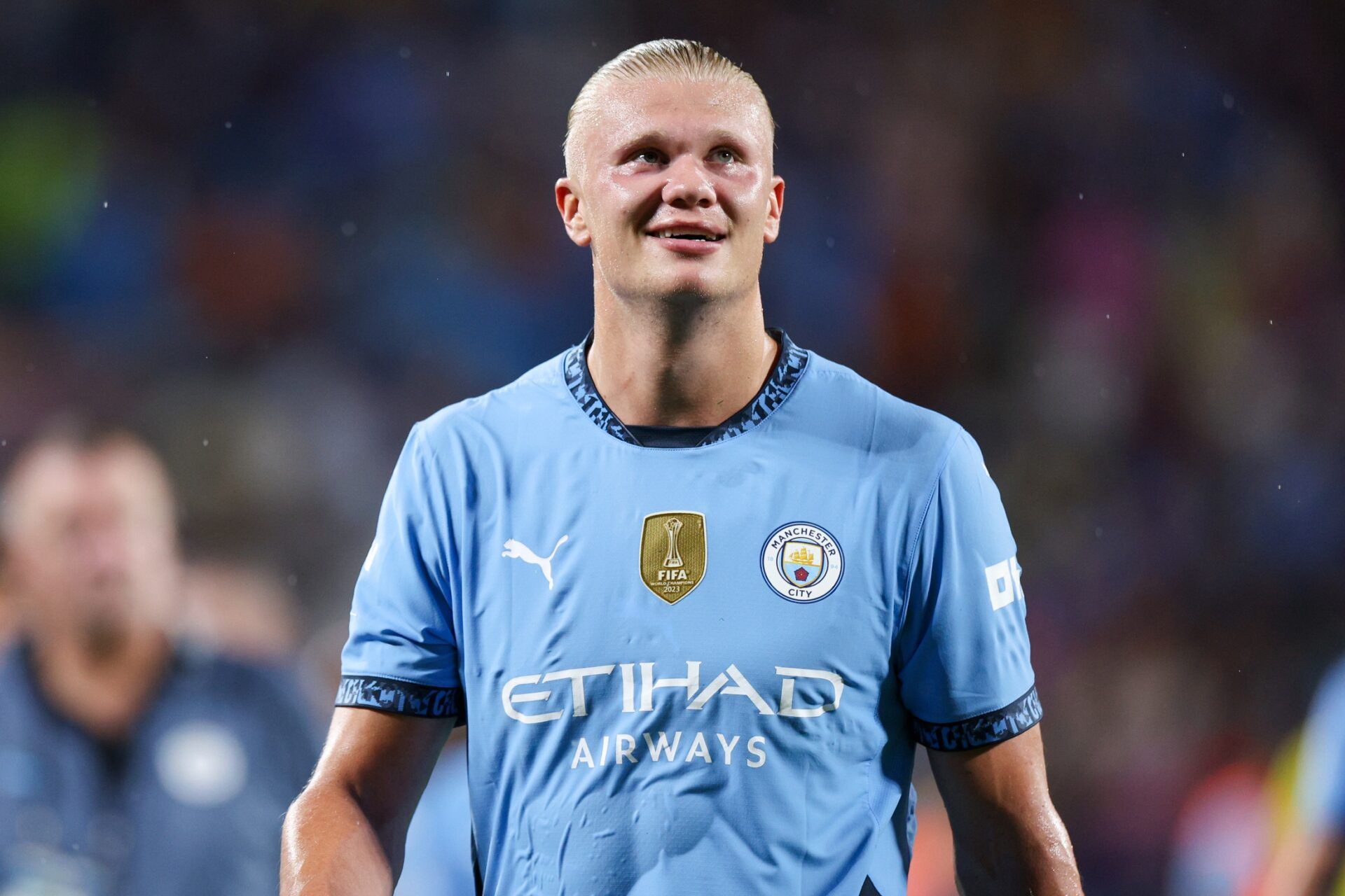 Manchester City forward Erling Haaland (9) looks on at halftime against Barcelona during a Champions Tour friendly match at Camping World Stadium.