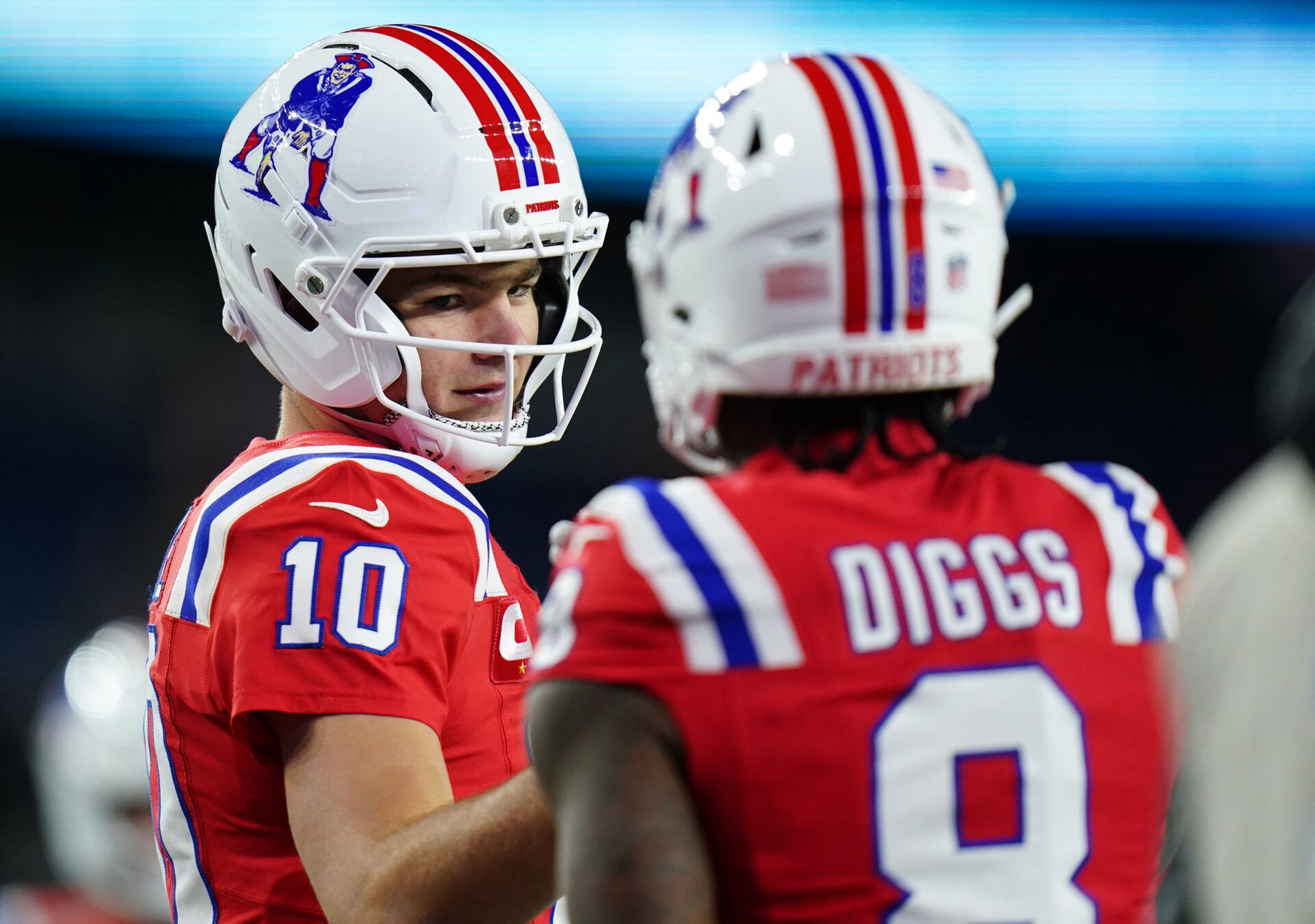 New England Patriots quarterback Drake Maye (10) and New England Patriots wide receiver Stefon Diggs (8) warm up prior to the game against the New York Giants at Gillette Stadium.