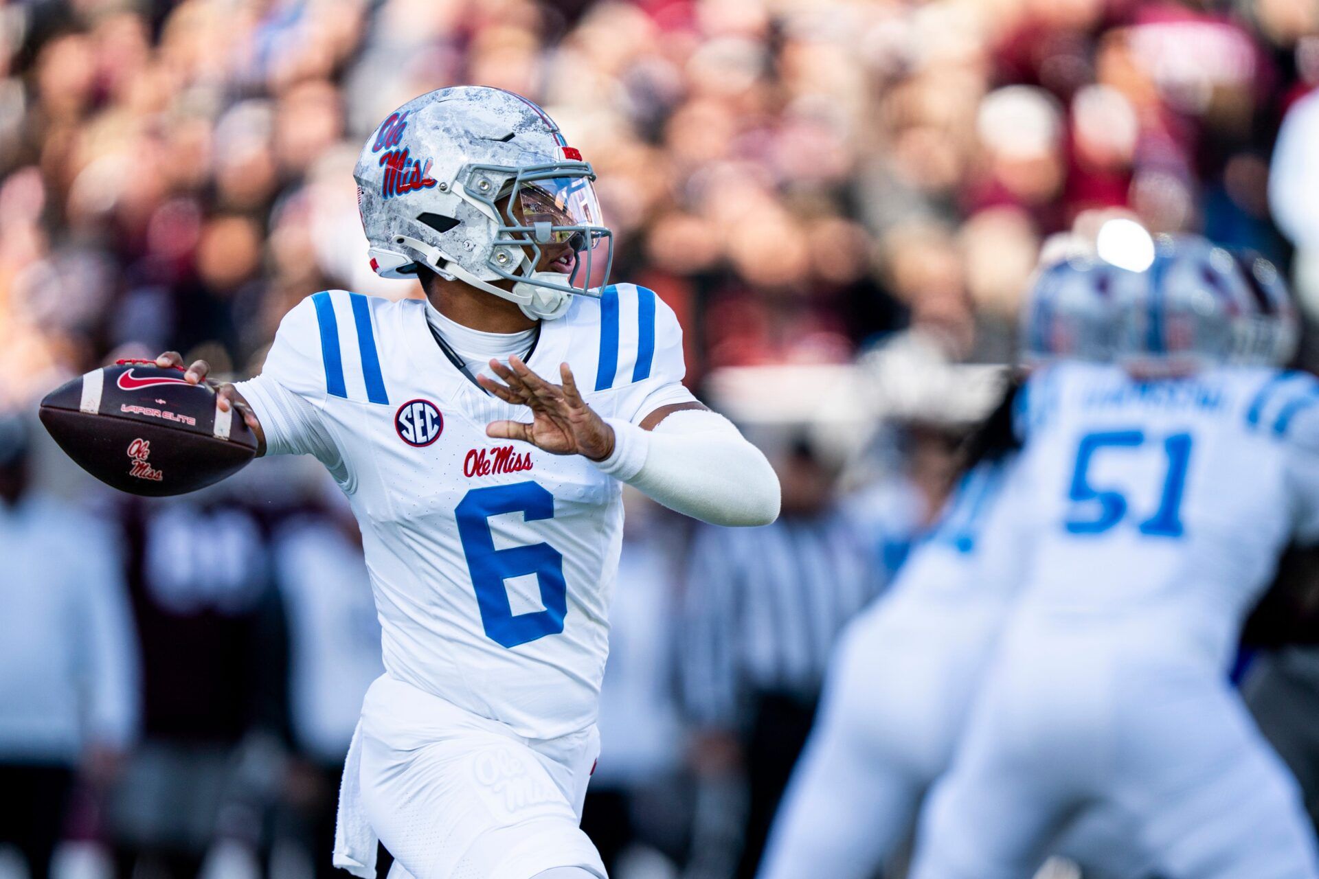 Ole Miss quarterback Trinidad Chambliss (6) passes the ball during a college football game between Mississippi State and Ole Miss at Davis Wade Stadium in Starkville, Miss., on Friday, Nov. 28, 2025. The Egg Bowl game marks the 122nd meeting between the two teams.