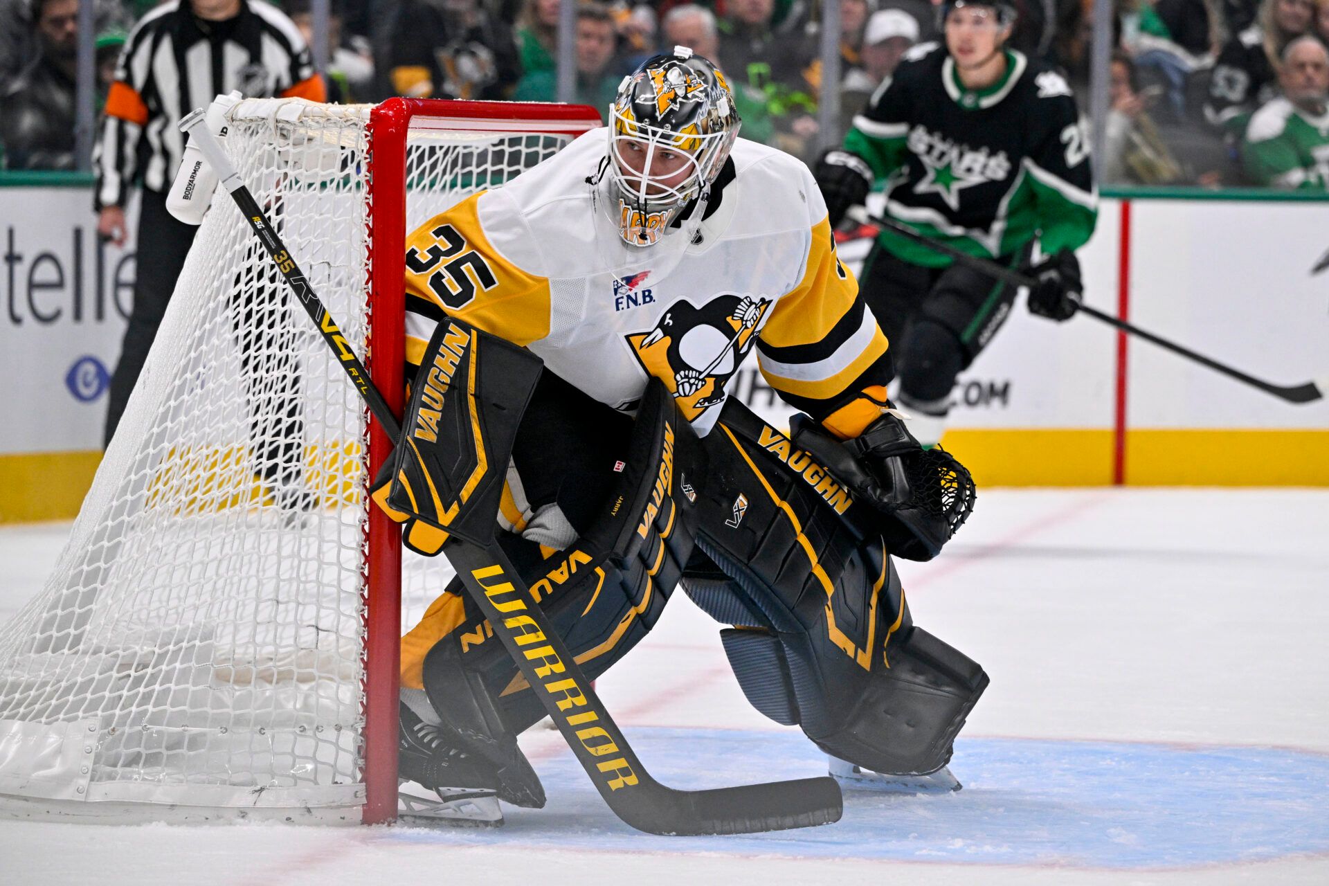 Pittsburgh Penguins goaltender Tristan Jarry (35) faces the Dallas Stars attack during the second period at American Airlines Center.