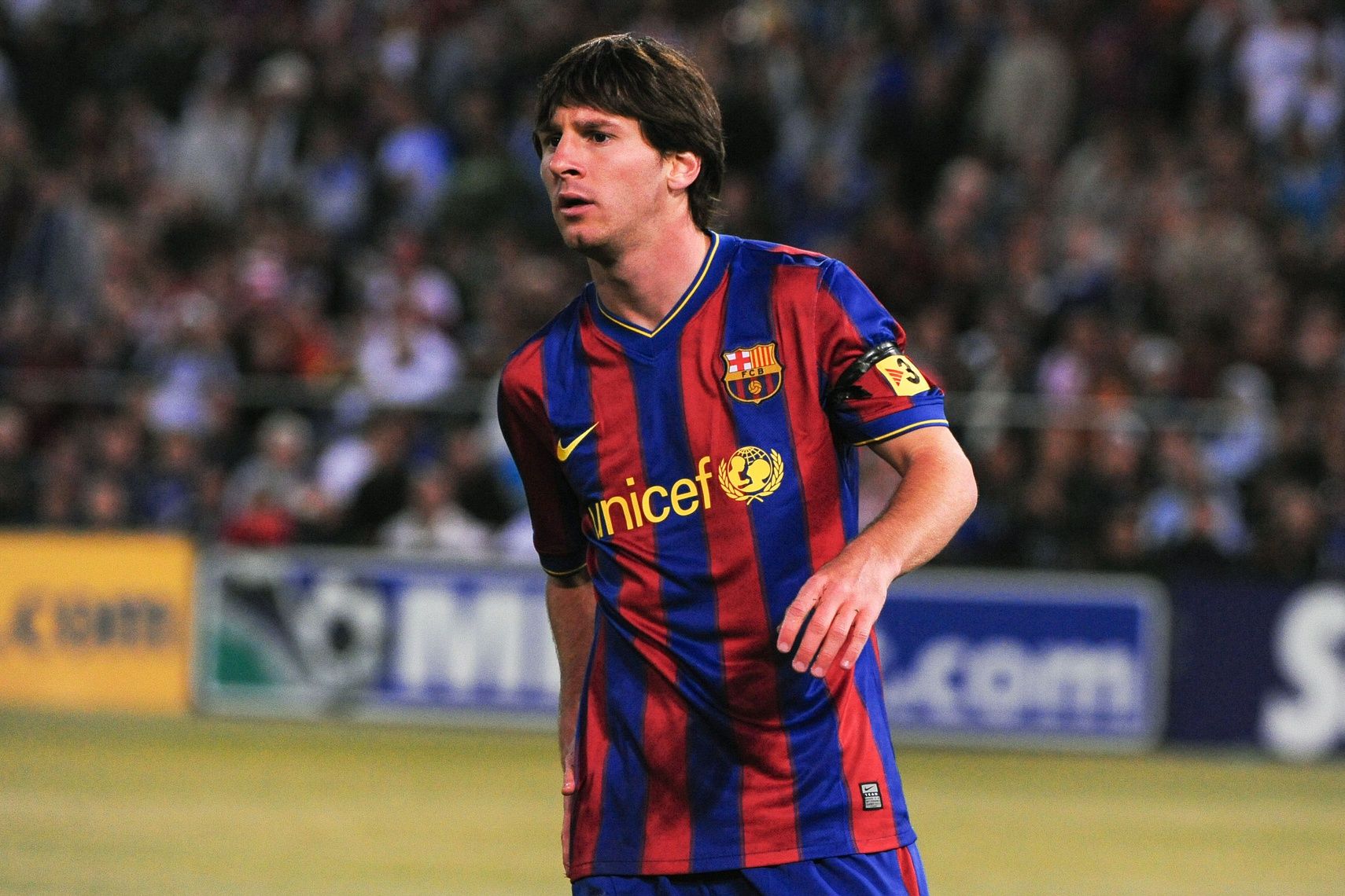 FC Barcelona forward Lionel Messi (10) looks on during the first half in the Night of Champions international friendly contest against Chivas de Guadalajara at Candlestick Park.