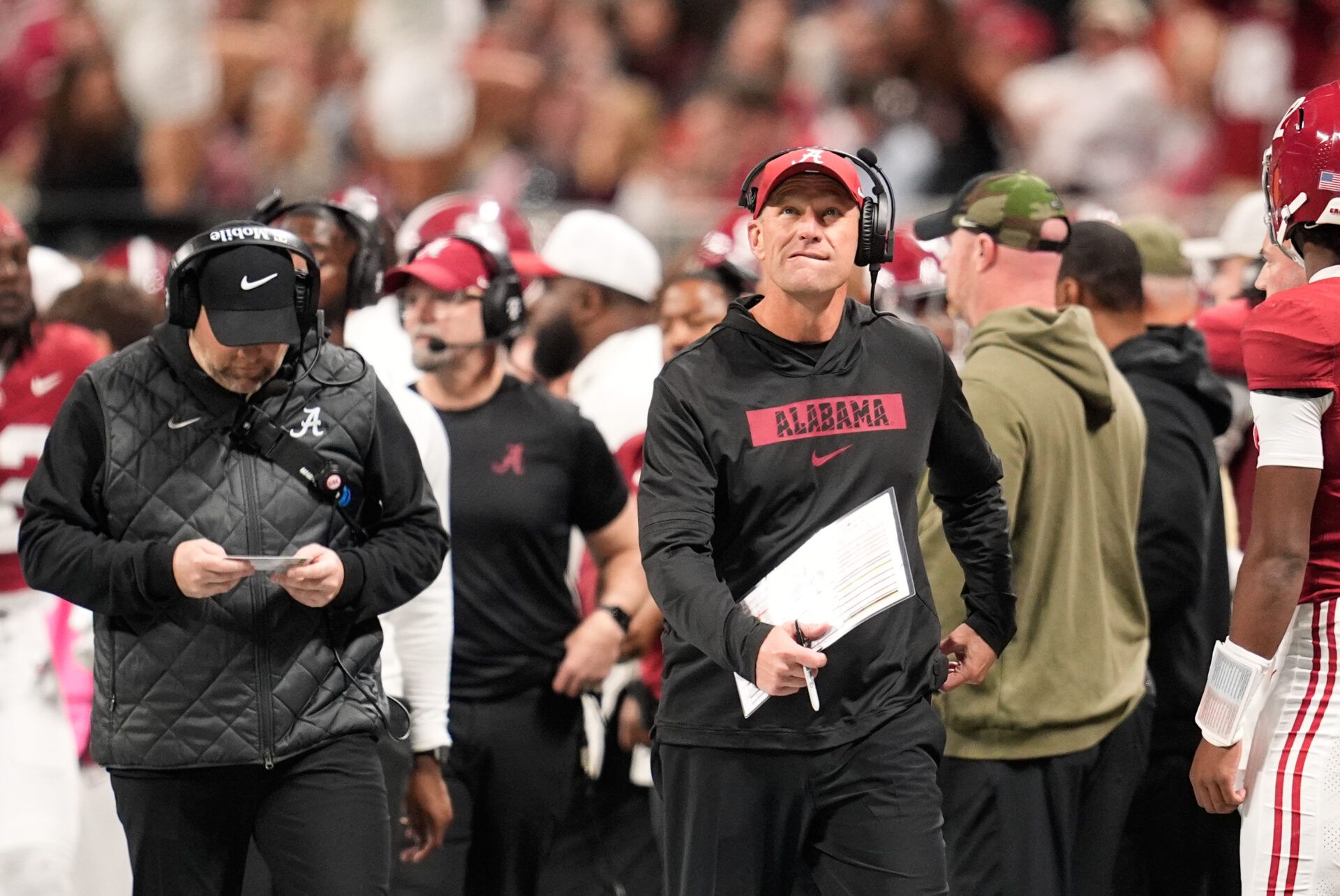 Alabama Crimson Tide head coach Kalen Deboer looks on during the second quarter against the Georgia Bulldogs during the 2025 SEC Championship game at Mercedes-Benz Stadium.