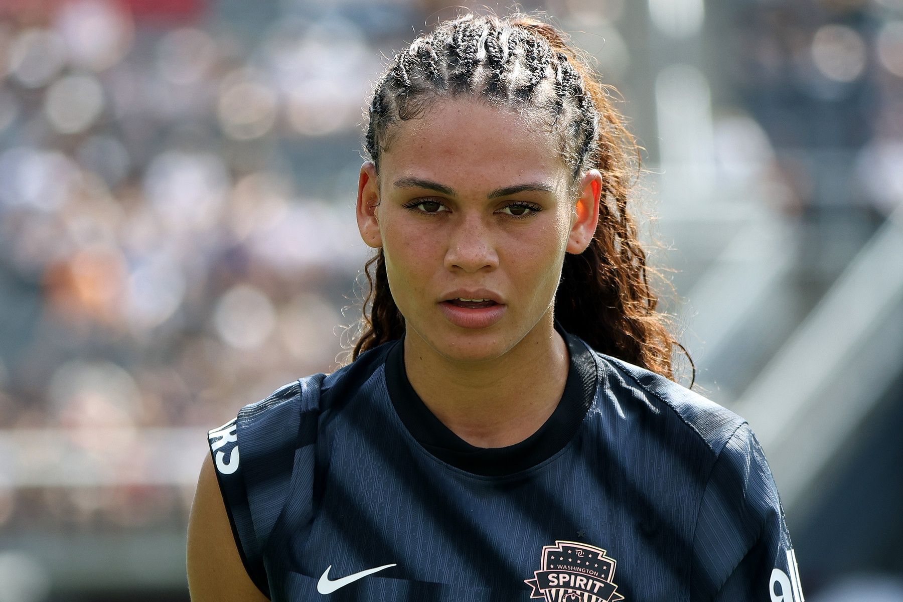 Washington Spirit forward Trinity Rodman (2) looks on during the second half against the Houston Dash at Audi Field.