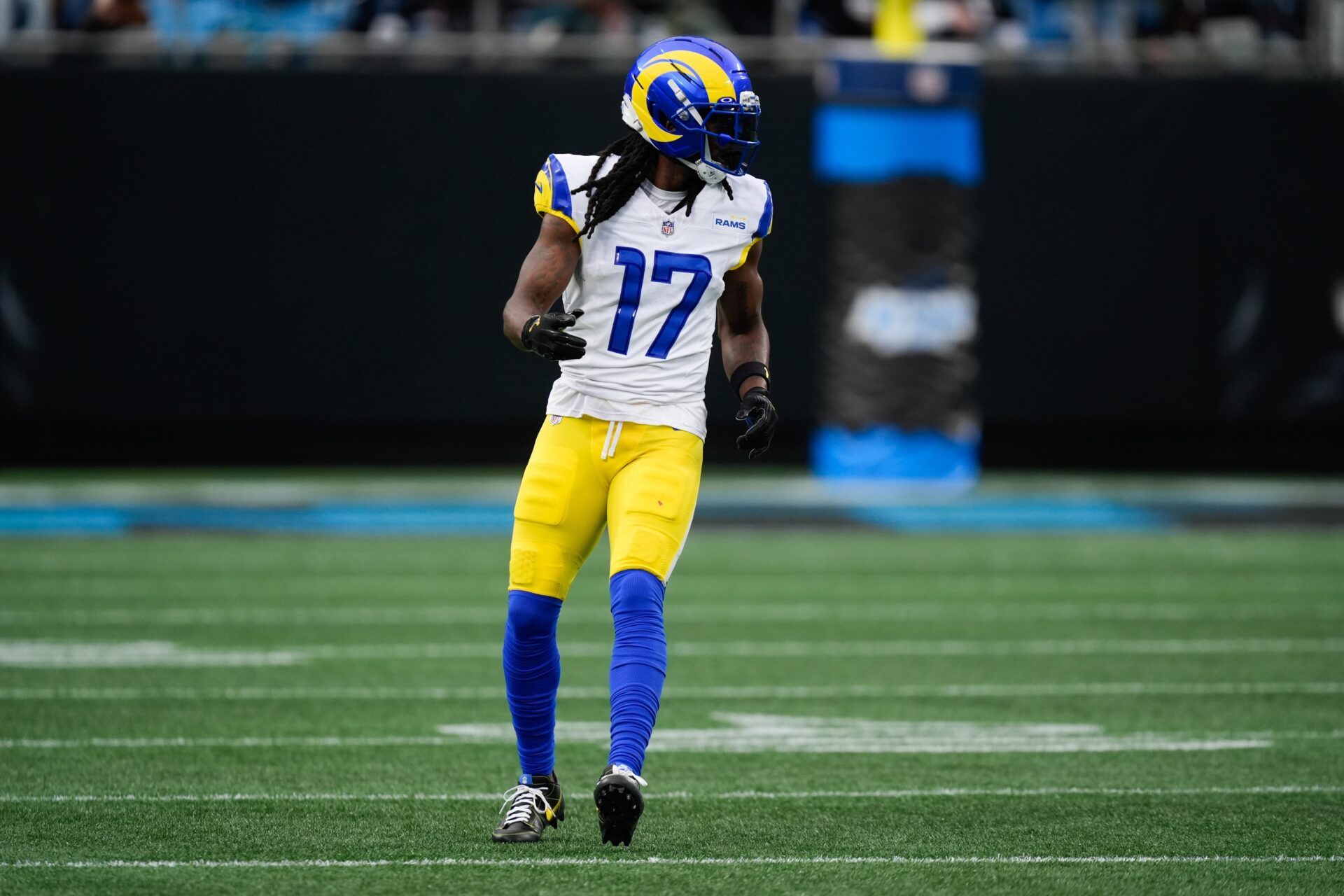 Los Angeles Rams wide receiver Davante Adams (17) looks on during the first quarter against the Carolina Panthers at Bank of America Stadium.