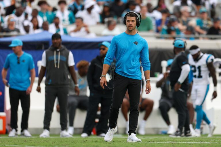 Carolina Panthers head coach Dave Canales comes off the sidelines during the first half of a game against the Jacksonville Jaguars at EverBank Stadium.