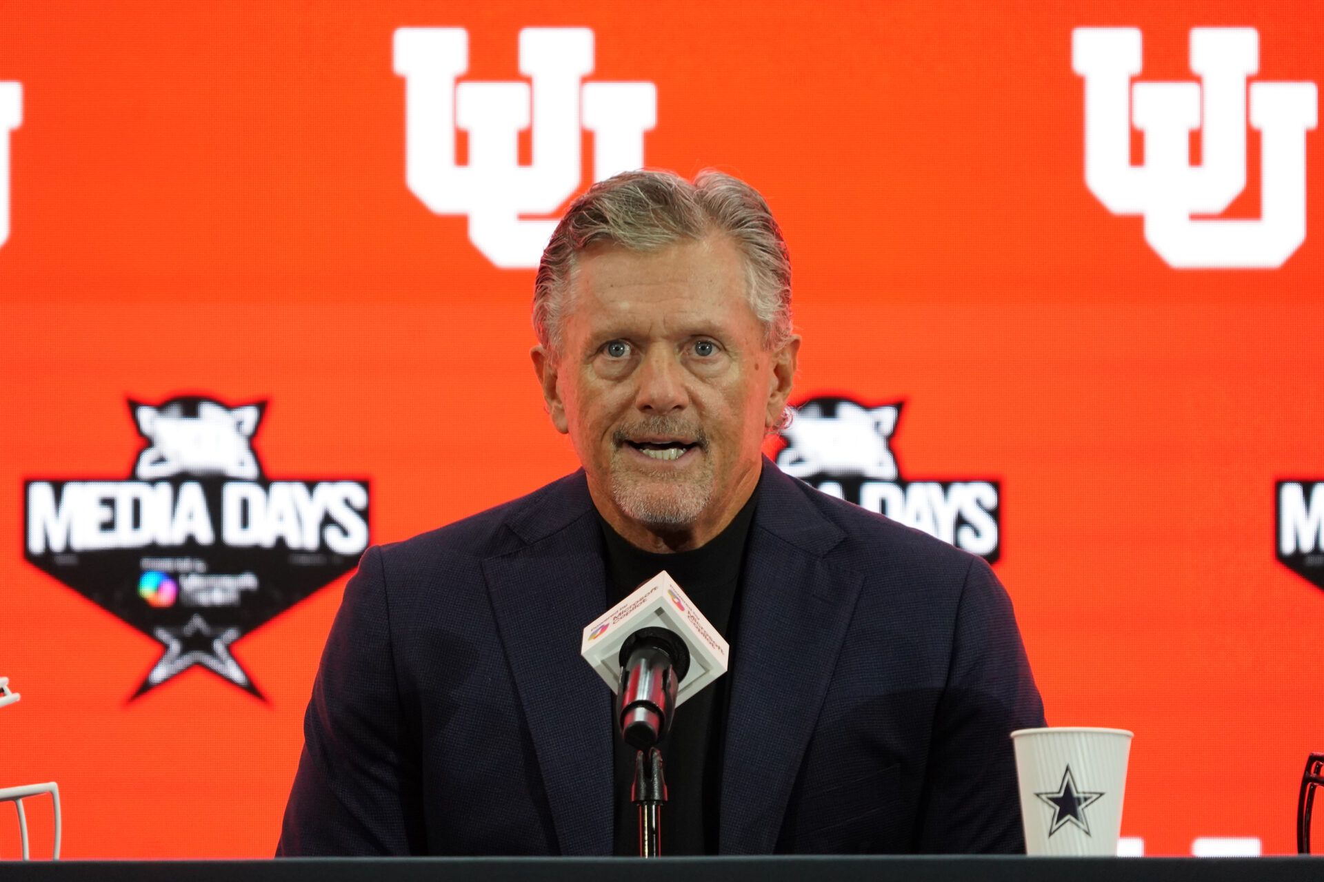 Utah head coach Kyle Whittingham speaks with the media during 2025 Big 12 Football Media Days at The Star.