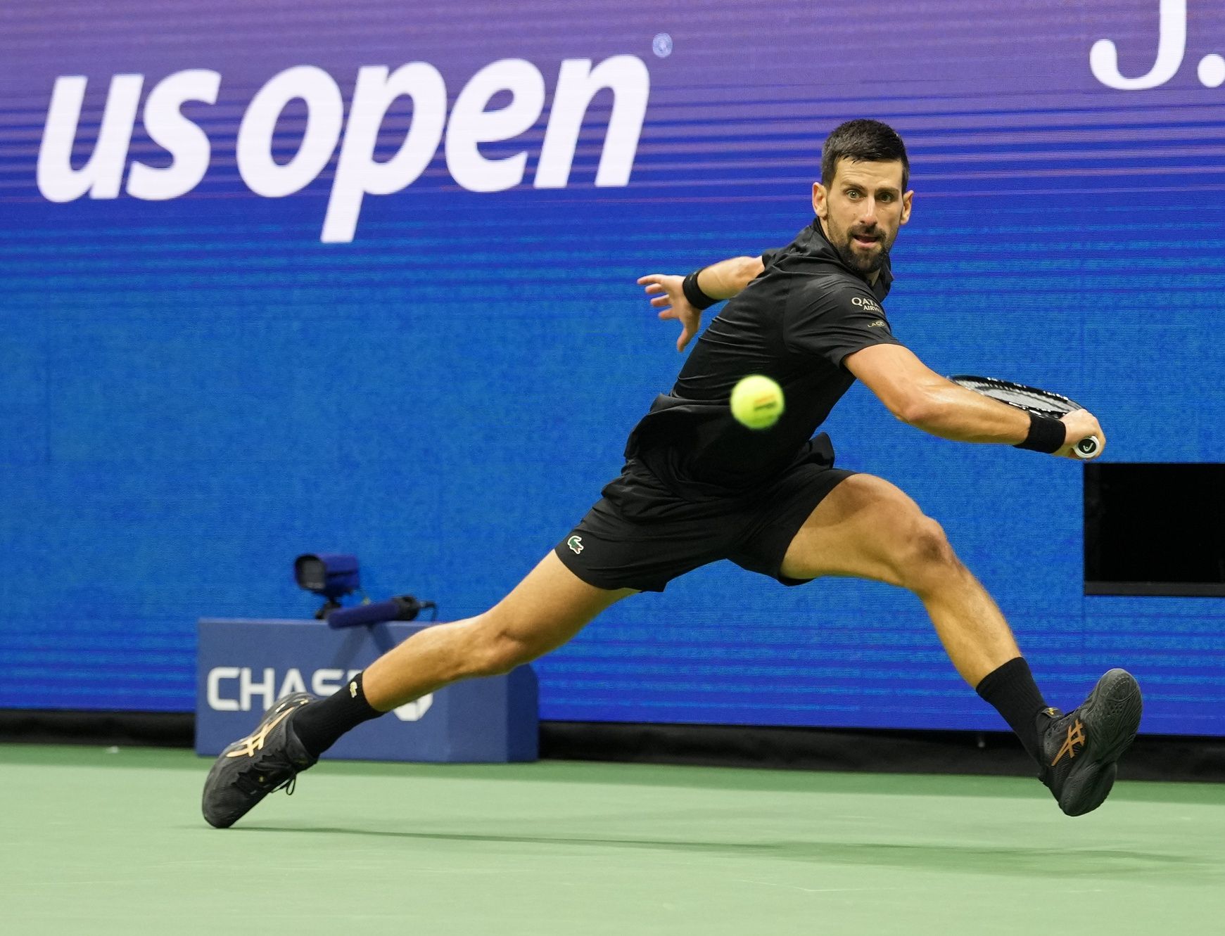 Novak Djokovic (SRB) hits to Taylor Fritz (USA) (not pictured) on day ten of the 2025 U.S. Open tennis tournament at the USTA Billie Jean King National Tennis Center.
