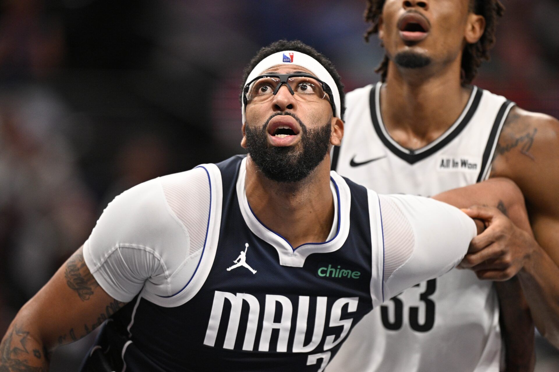 Dallas Mavericks forward Anthony Davis (3) looks for the ball during the second half against the Brooklyn Nets at the American Airlines Center.
