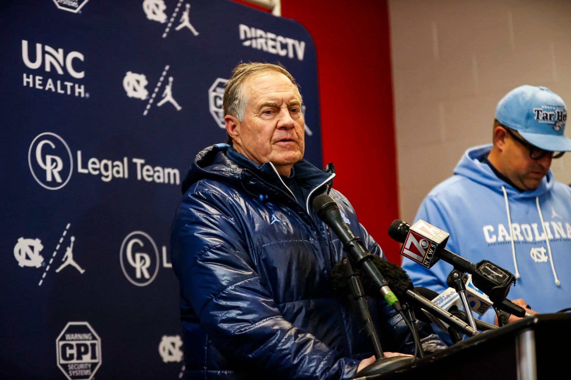 North Carolina Tar Heels head coach Bill Belichick addresses the media after the second half of the game against NC State Wolfpack at Carter-Finley Stadium.