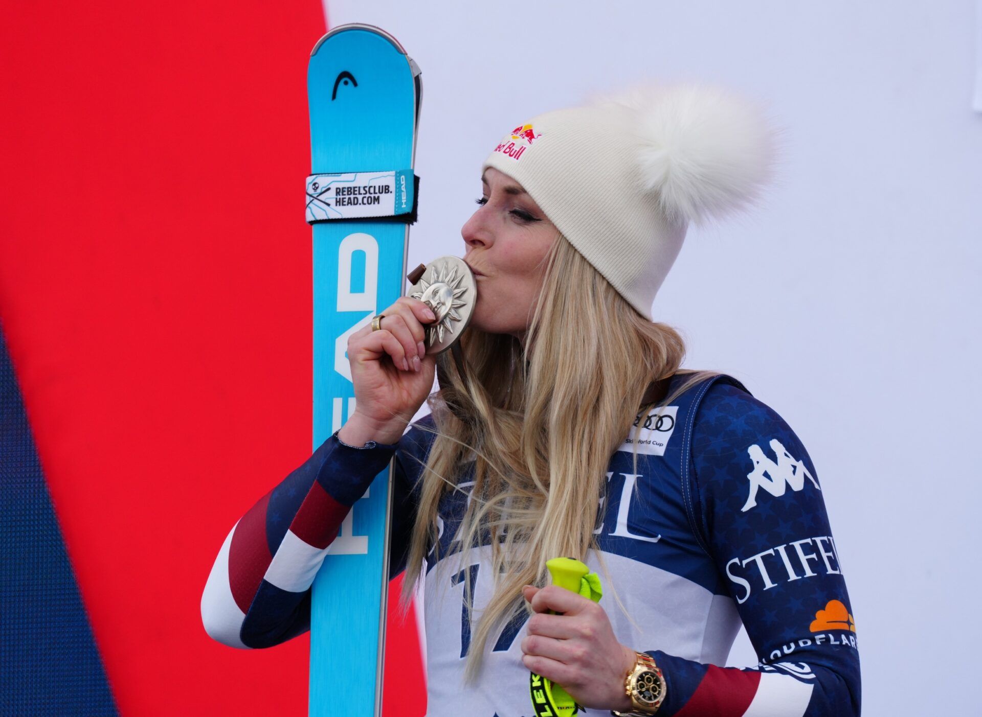 Lindsey Vonn of the United States celebrates on the podium after her second place finish in the Super G alpine skiing race in the 2025 FIS Ski World Cup at Sun Valley.