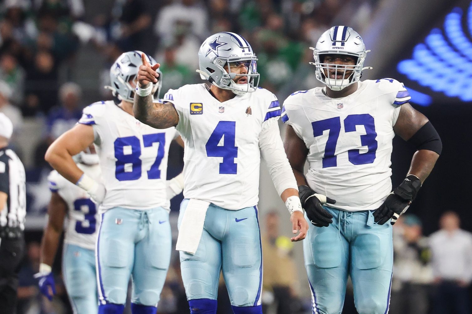 Dallas Cowboys quarterback Dak Prescott (4) reacts in the third quarter against the Philadelphia Eagles at AT&T Stadium.