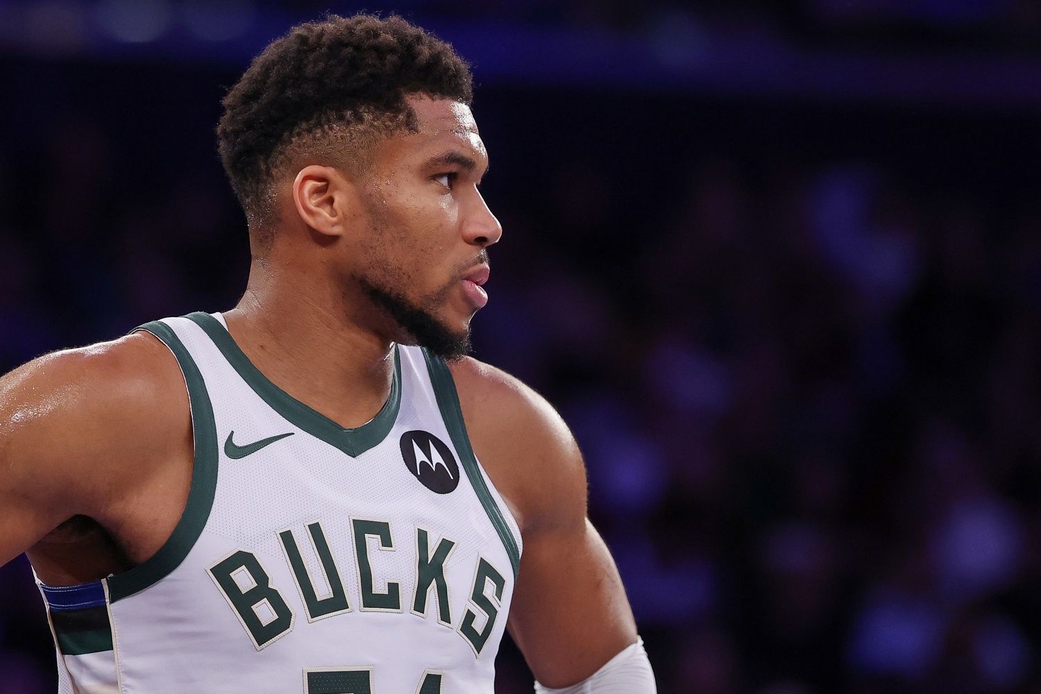 Milwaukee Bucks forward Giannis Antetokounmpo (34) looks back during the second half against the New York Knicks at Madison Square Garden.