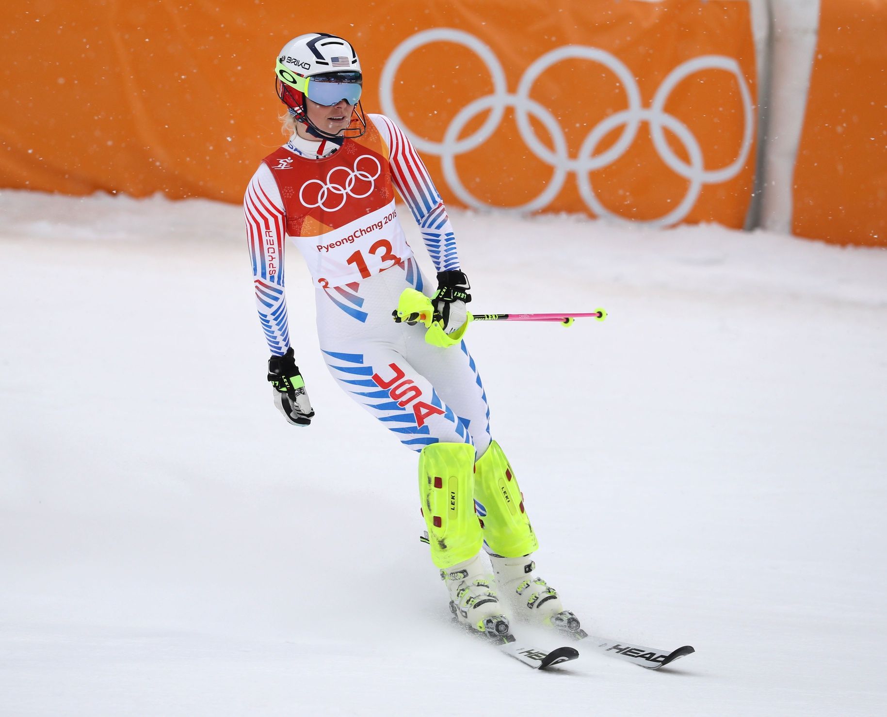 Lindsey Vonn (USA) reacts after failing to complete the course in the women's alpine combined slalom event during the Pyeongchang 2018 Olympic Winter Games at Jeongseon Alpine Centre.