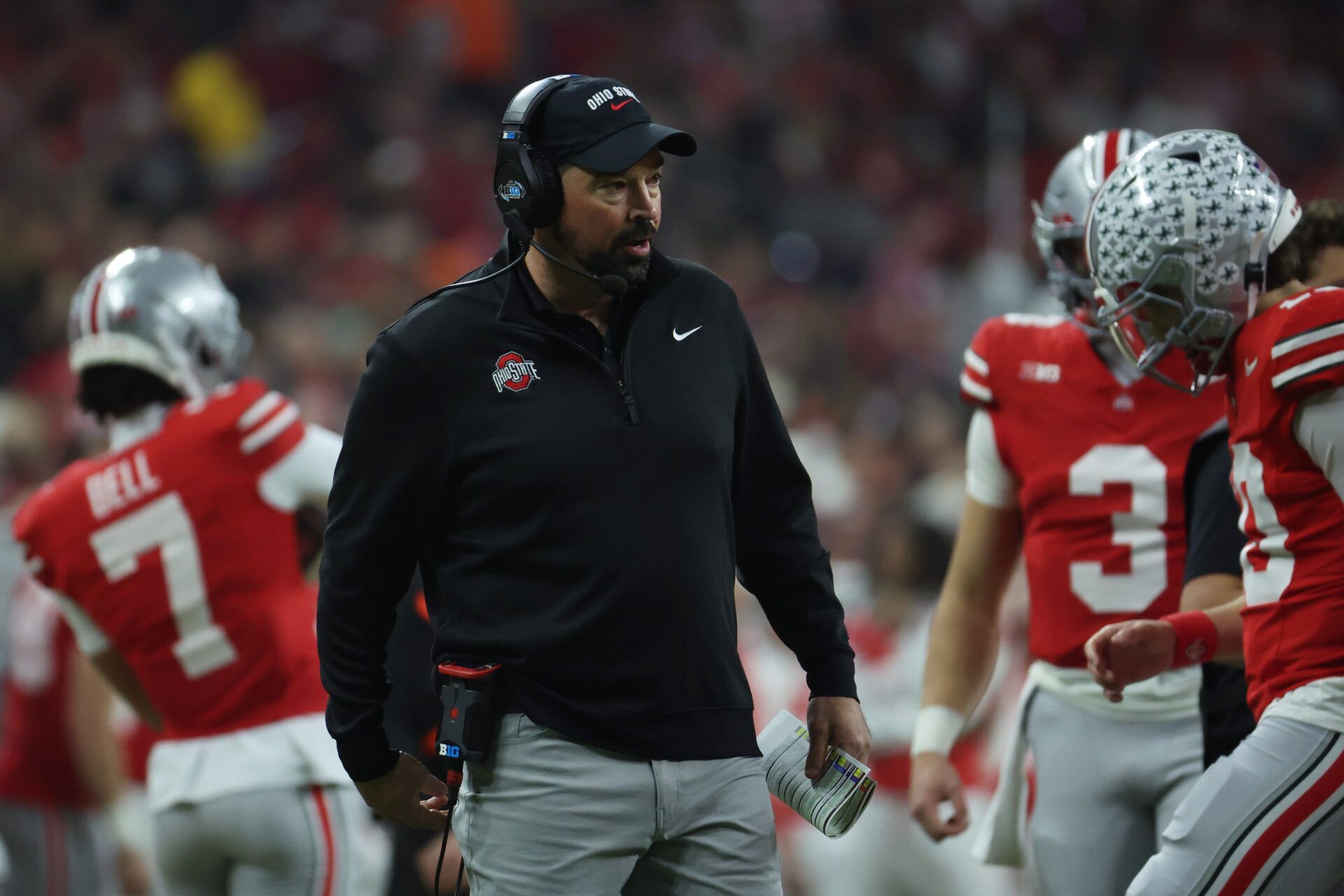 Ohio State Buckeyes head coach Ryan Day looks on in the first quarter against the Indiana Hoosiers during the 2025 Big Ten championship game at Lucas Oil Stadium.