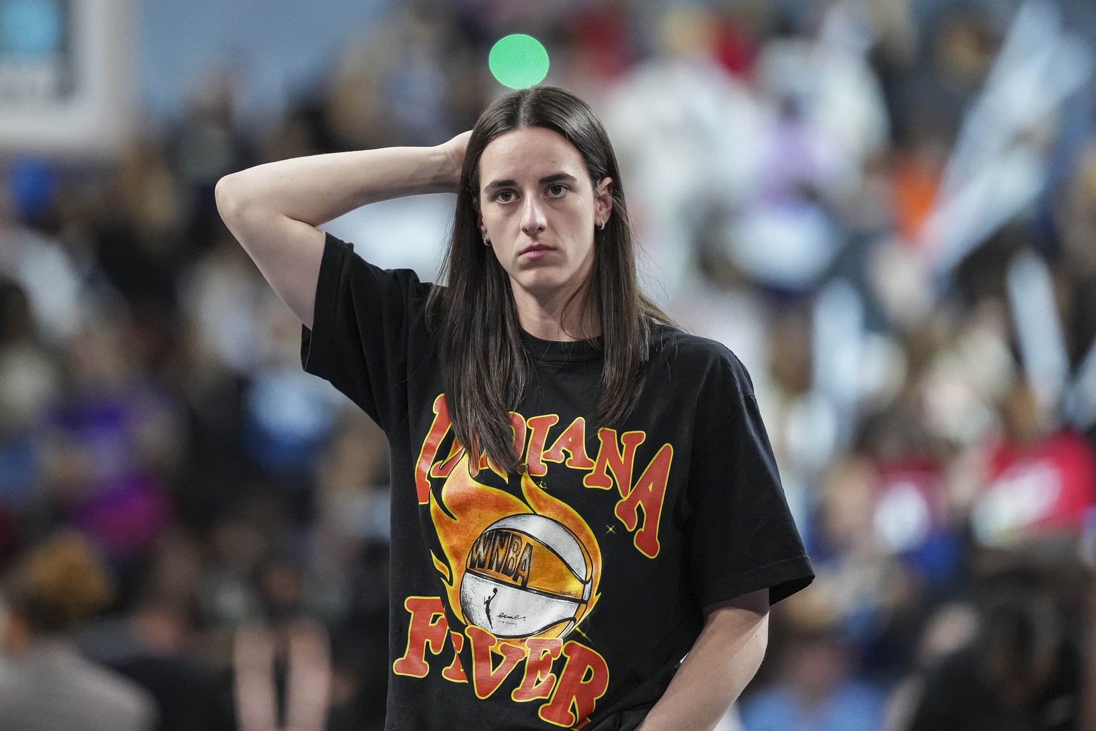 Indiana Fever guard Caitlin Clark (22) shown on the court against the Atlanta Dream during the first half during game three of round one for the 2025 WNBA Playoffs at Gateway Center Arena at College Park.