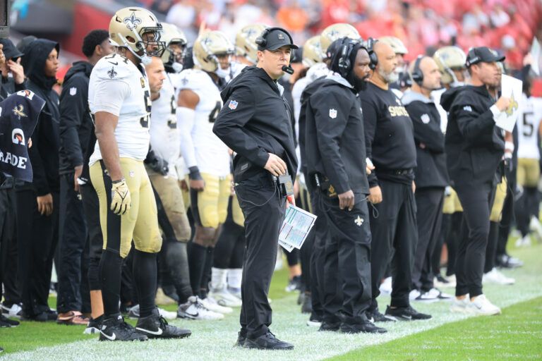 New Orleans Saints head coach Kellen Moore stands on the sidelines during the fourth quarter against the Tampa Bay Buccaneers at Raymond James Stadium.