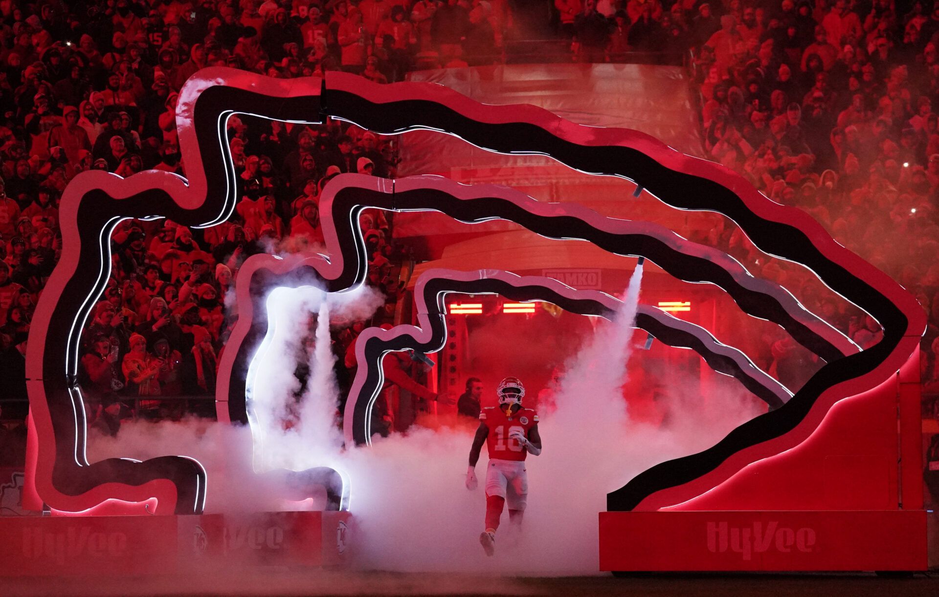Kansas City Chiefs running back Isiah Pacheco (10) is introduced prior to the game against the Houston Texans at GEHA Field at Arrowhead Stadium.