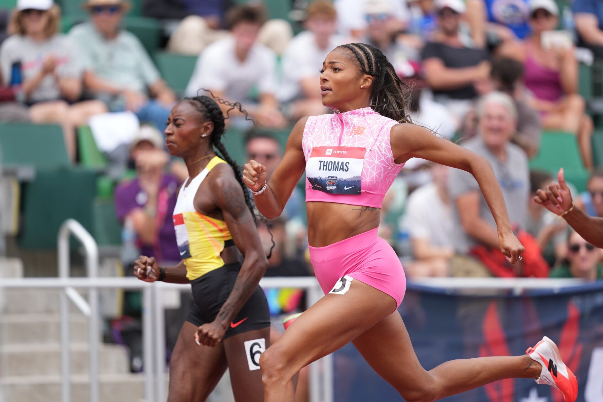 Gabby Thomas runs in a women's 200m semifinal during the USATF Championships at Hayward Field.