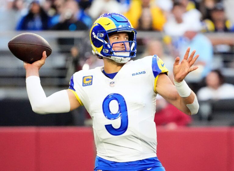 Los Angeles Rams quarterback Matthew Stafford (9) throws a pass against the Arizona Cardinals in the first half at State Farm Stadium on Dec 7, 2025, in Glendale, Ariz.