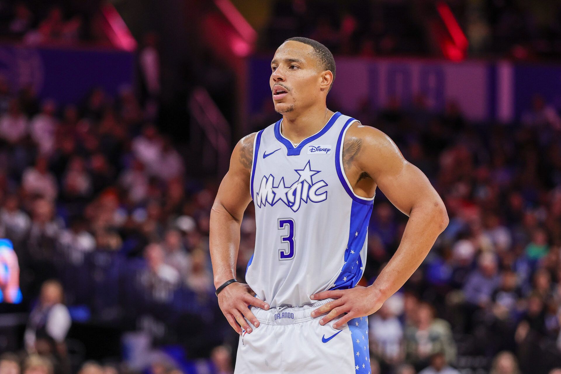 Orlando Magic guard Desmond Bane (3) during a timeout in the second half against the LA Clippers at Kia Center.