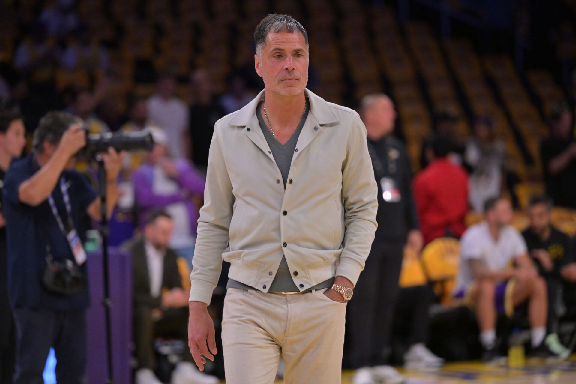 Los Angeles Lakers general manager Rob Pelinka walks on the couet prior to the game against the Minnesota Timberwolves at Crypto.com Arena.
