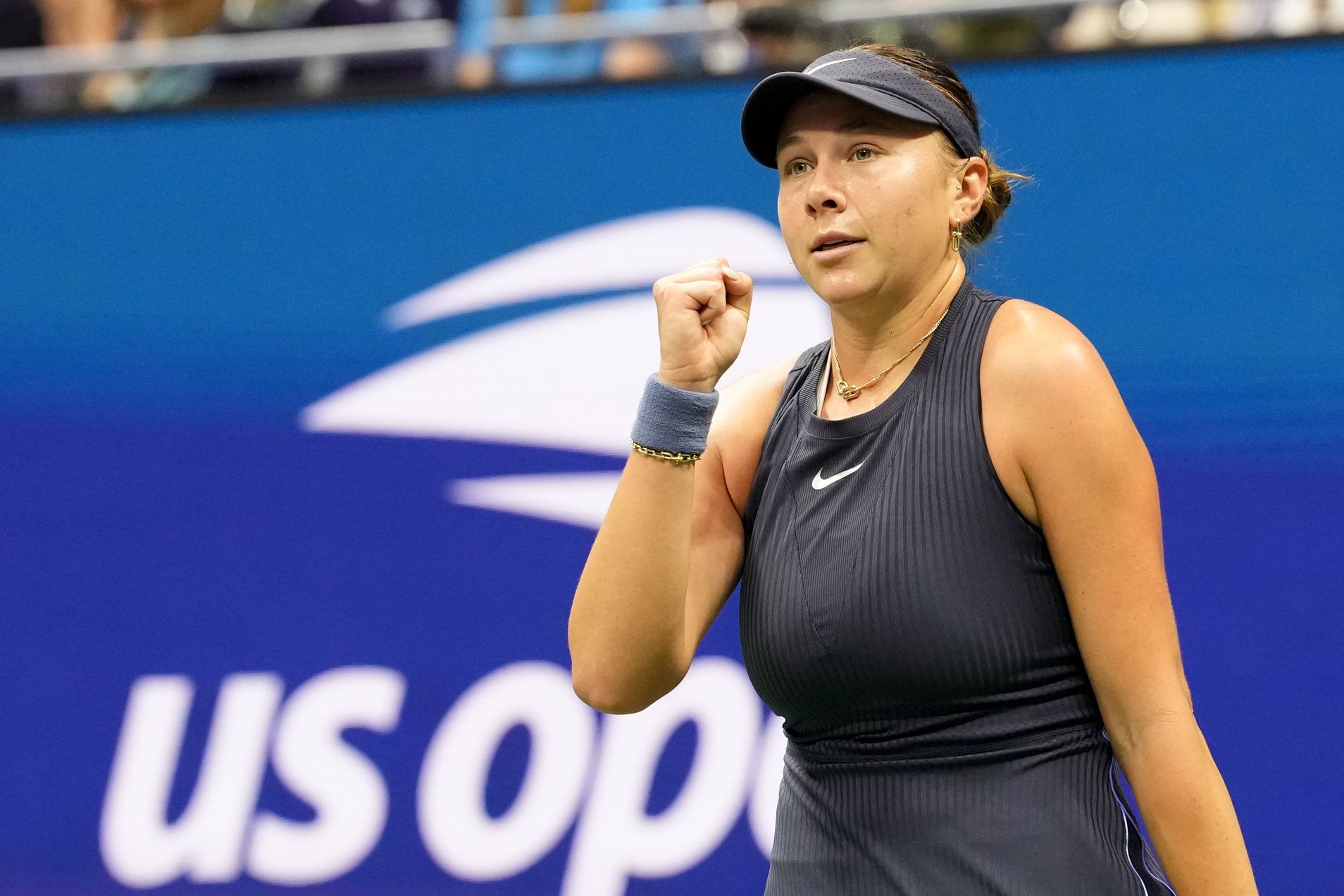 Amanda Anisimova (USA) reacts in the women's singles final against Aryna Sabalenka (not pictured) of the 2025 US Open tennis championships at Billie Jean King National Tennis Center.