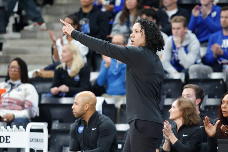 Duke Blue Devils head coach Kara Lawson calls a play against the Baylor Bears during the first half at Adidas Arena.