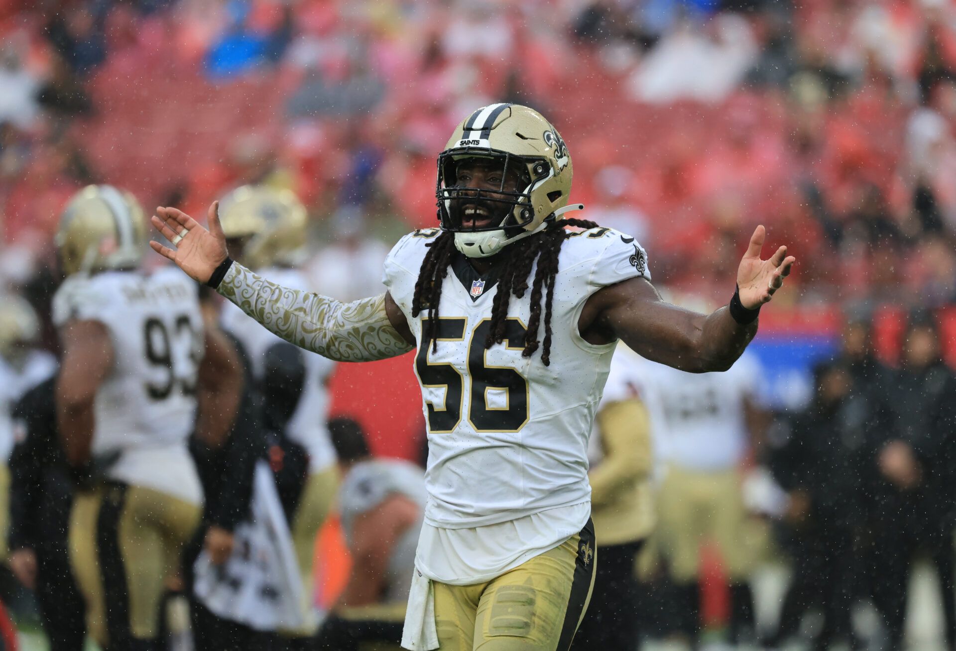 New Orleans Saints linebacker Demario Davis (56) reacts after a tackle during the second quarter against the Tampa Bay Buccaneers at Raymond James Stadium.
