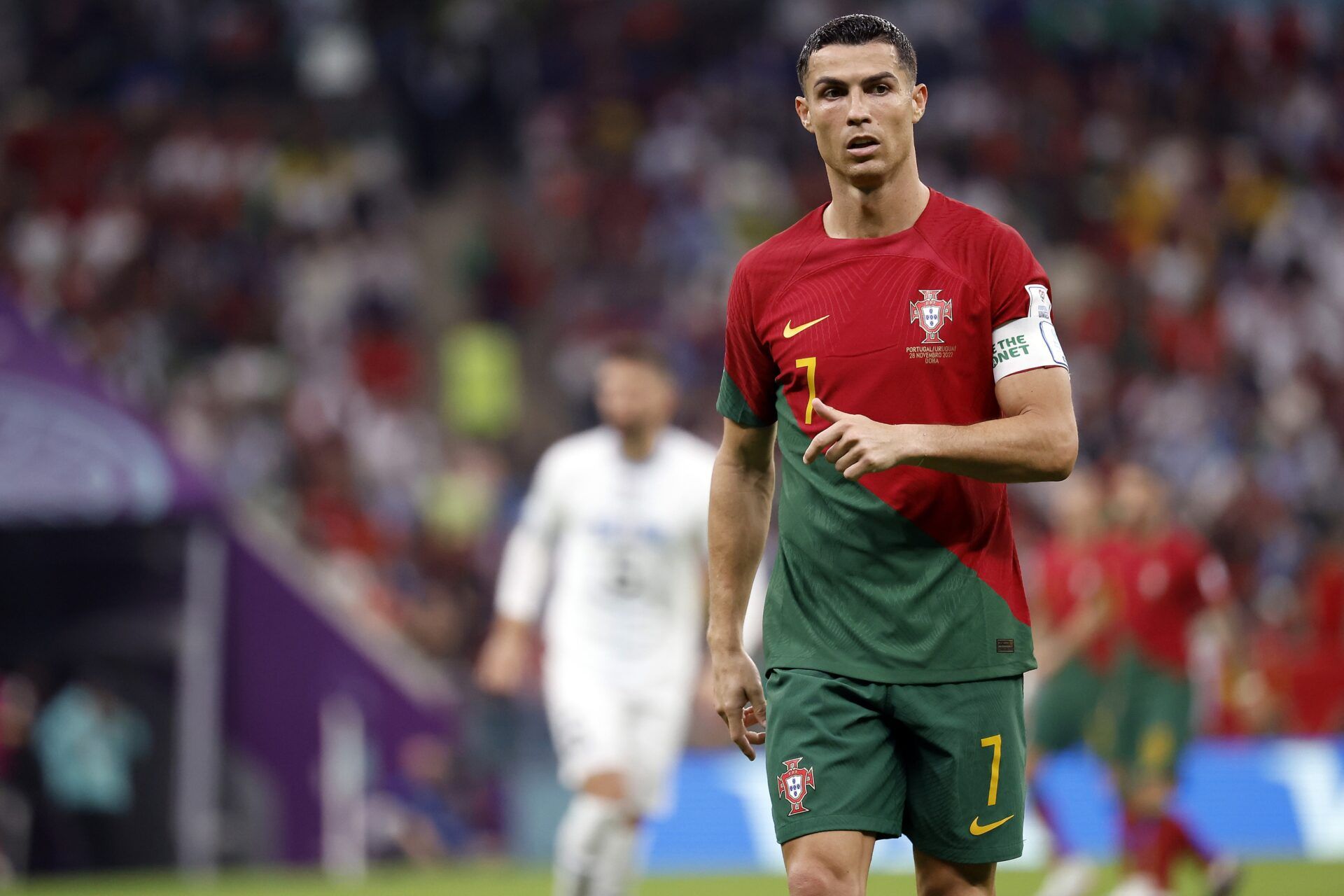 Portugal forward Cristiano Ronaldo (7) against Uruguay during the second half of the group stage match in the 2022 World Cup at Lusail Stadium.