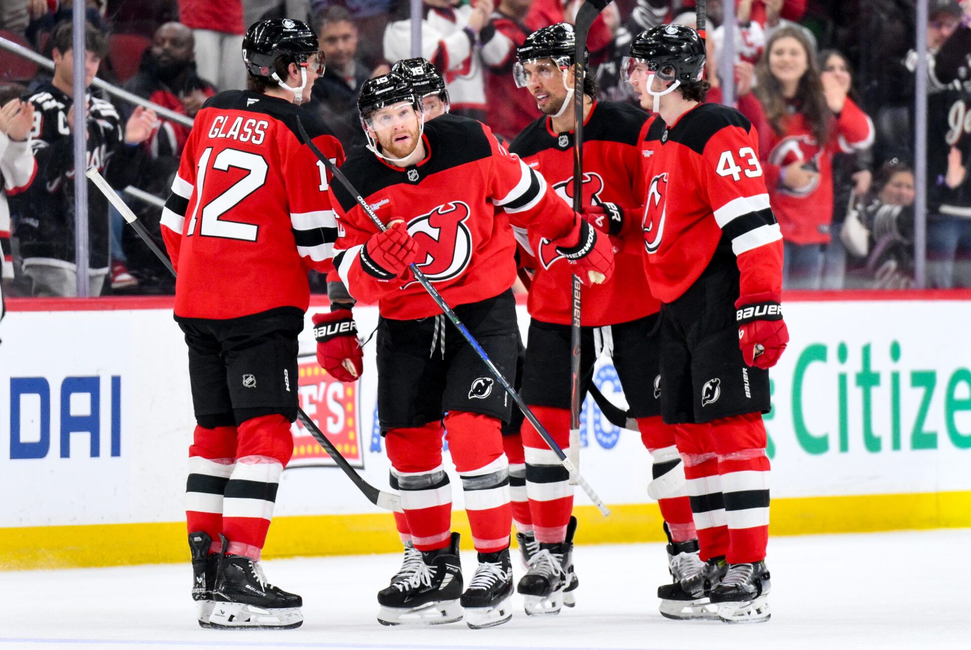 New Jersey Devils right wing Connor Brown (16) reacts after scoring an empty net goal against the Anaheim Ducks during the third period at Prudential Center.