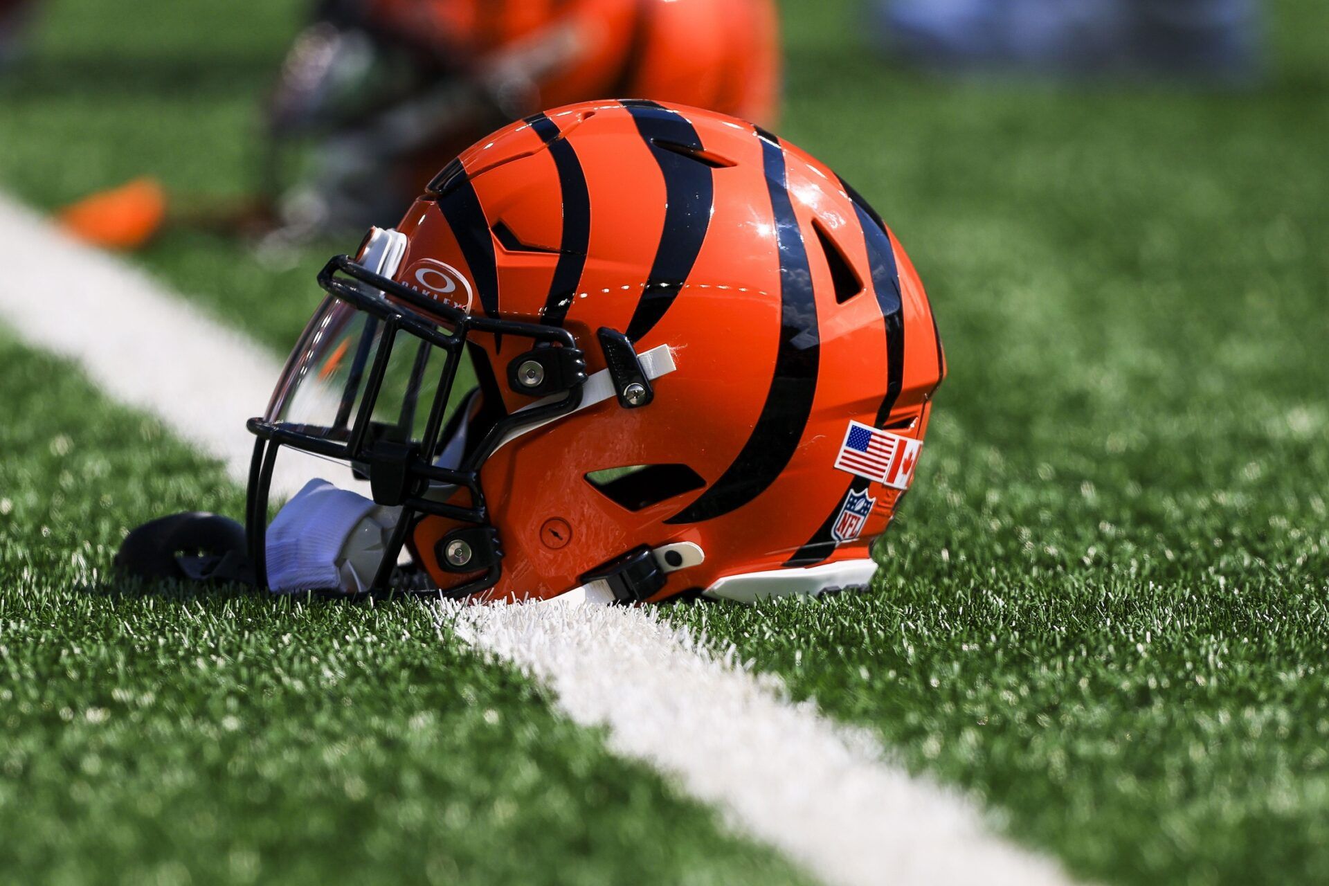 A general view of the helmet of Cincinnati Bengals running back Chase Brown (30) during warmups before the game against the Jacksonville Jaguars at Paycor Stadium.