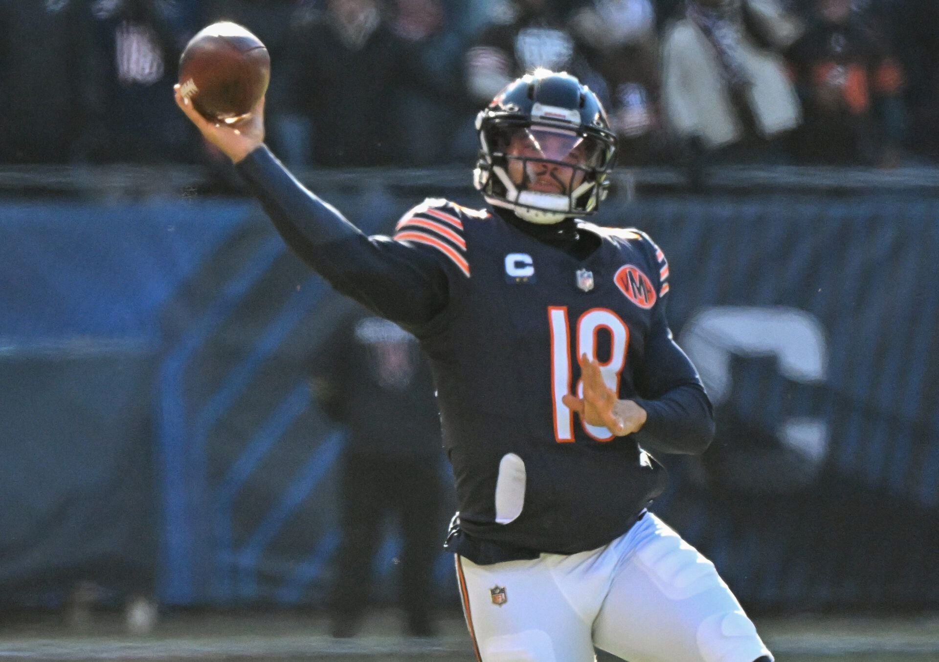 Chicago Bears quarterback Caleb Williams (18) throws a pass during the first quarter against the Cleveland Browns at Soldier Field.