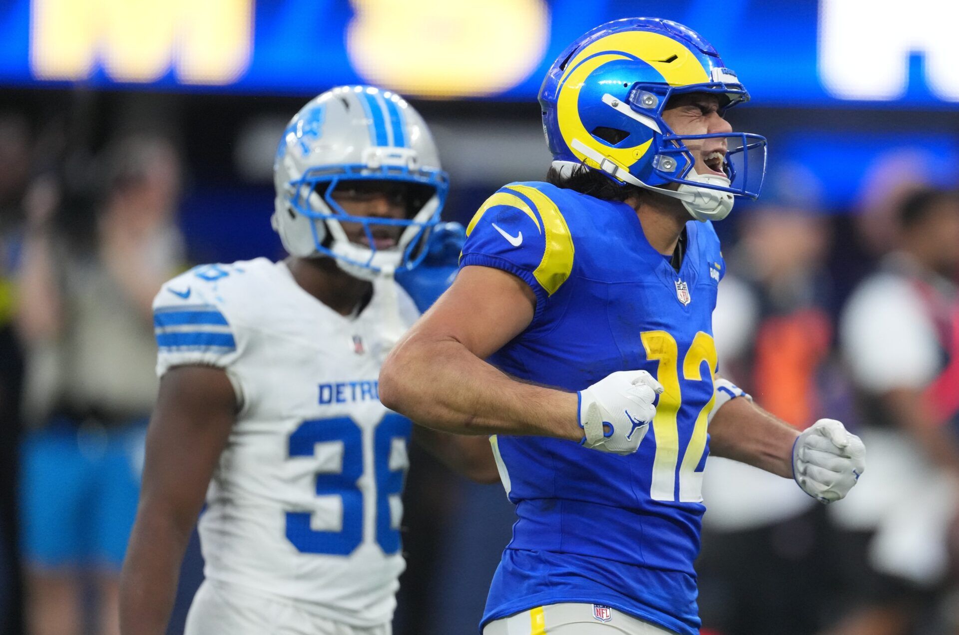 Los Angeles Rams wide receiver Puka Nacua (12) celebrates after a play during the third quarter against the Detroit Lions at SoFi Stadium.