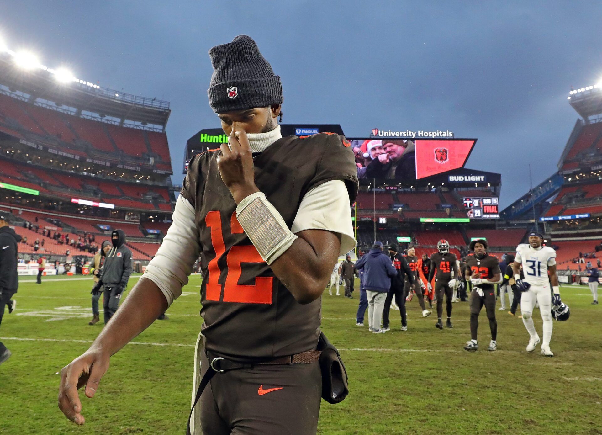 Cleveland Browns quarterback Shedeur Sanders (12) walks off the field after losing to the Tennessee Titans in an NFL football game at Huntington Bank Field, Dec. 7, 2025, in Cleveland, Ohio.
