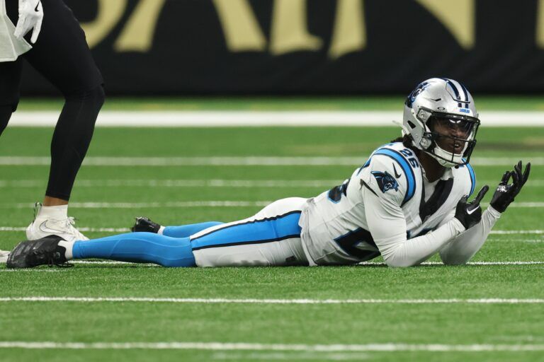 Carolina Panthers cornerback Chau Smith-Wade (26) reacts during the second quarter against the New Orleans Saints at Caesars Superdome.