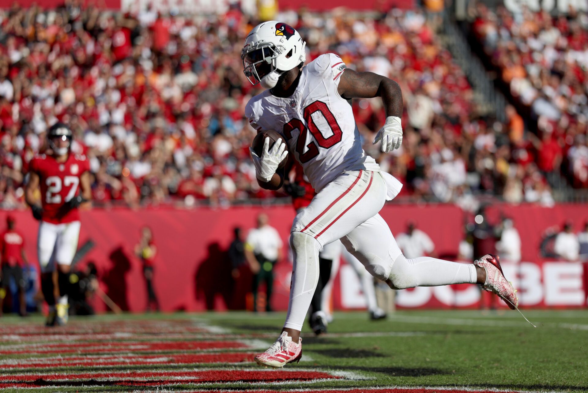 Arizona Cardinals running back Bam Knight (20) makes a touchdown catch during the second half against the Tampa Bay Buccaneers at Raymond James Stadium.