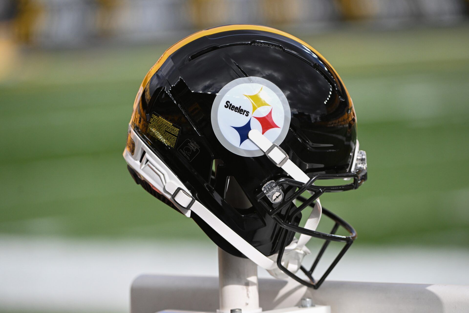 A Pittsburgh Steelers helmet before a game against the Cincinnati Bengals at Acrisure Stadium.