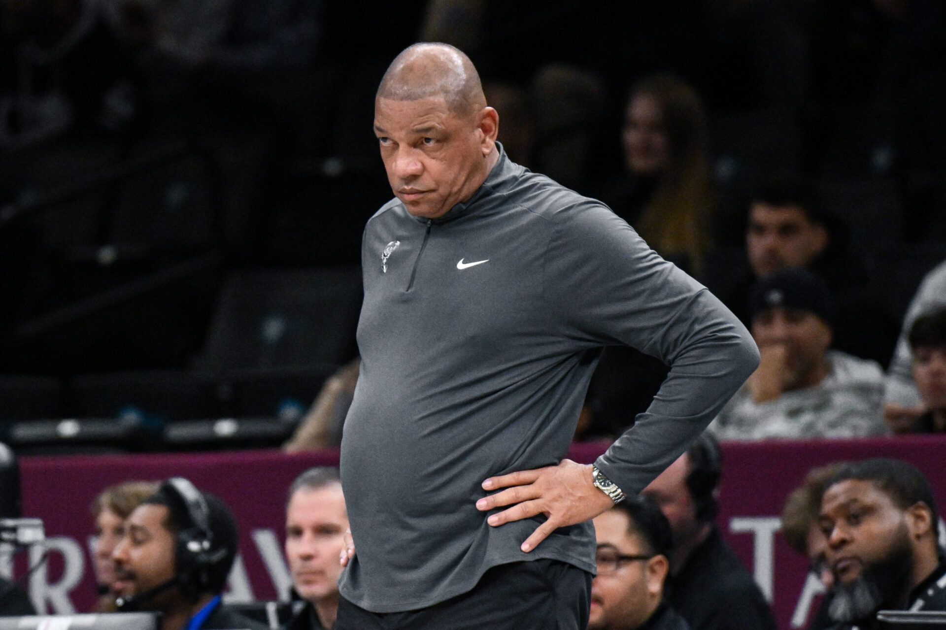 Milwaukee Bucks Head Coach Doc Rivers looks on during the first half against the Brooklyn Nets at Barclays Center.