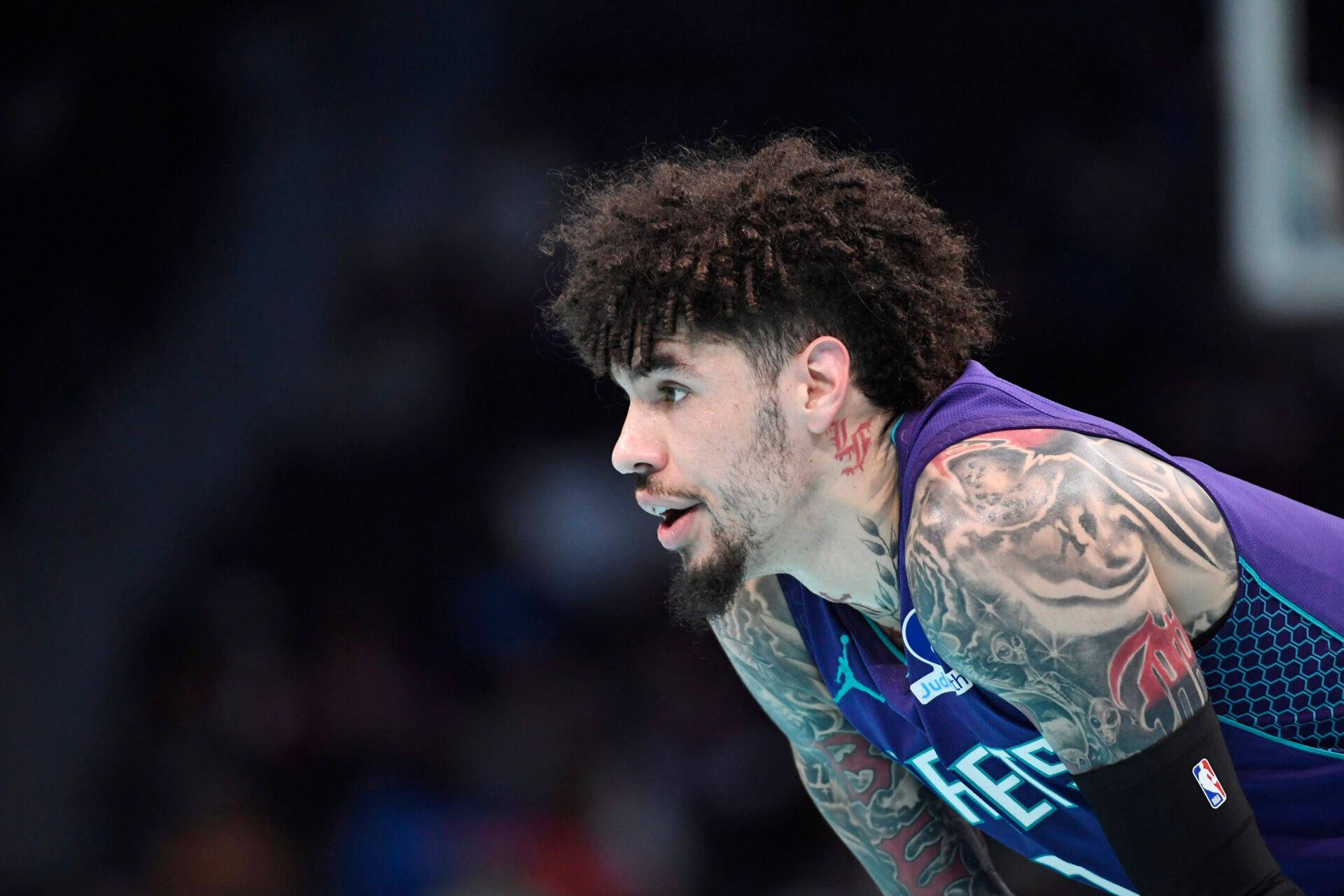 Charlotte Hornets guard LaMelo Ball (1) in a time out during the first half against the New York Knicks at the Spectrum Center.