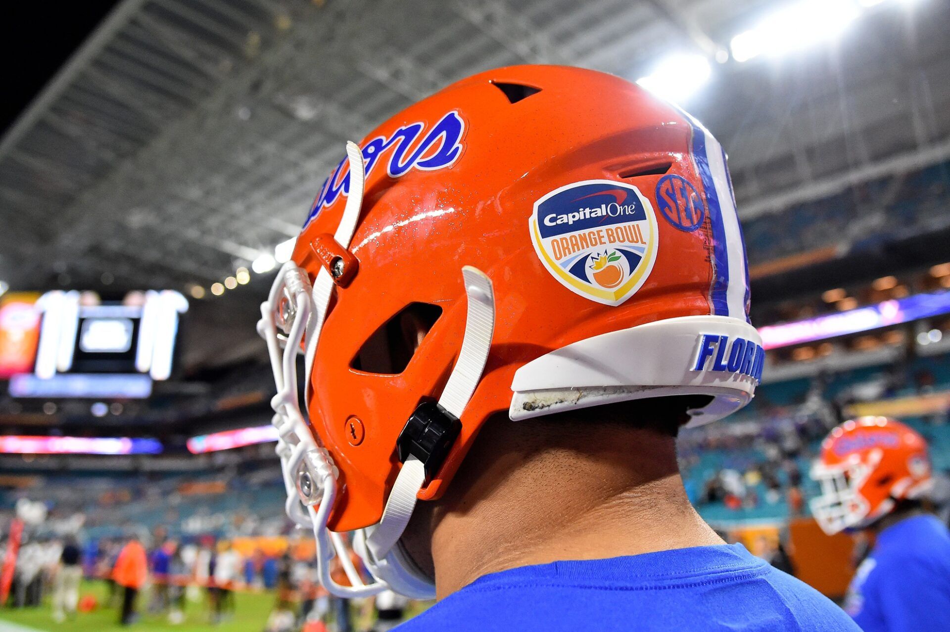 A detailed view of the Orange Bowl logo on the helmet of a Florida Gators player prior to the game against the Virginia Cavaliers at Hard Rock Stadium.