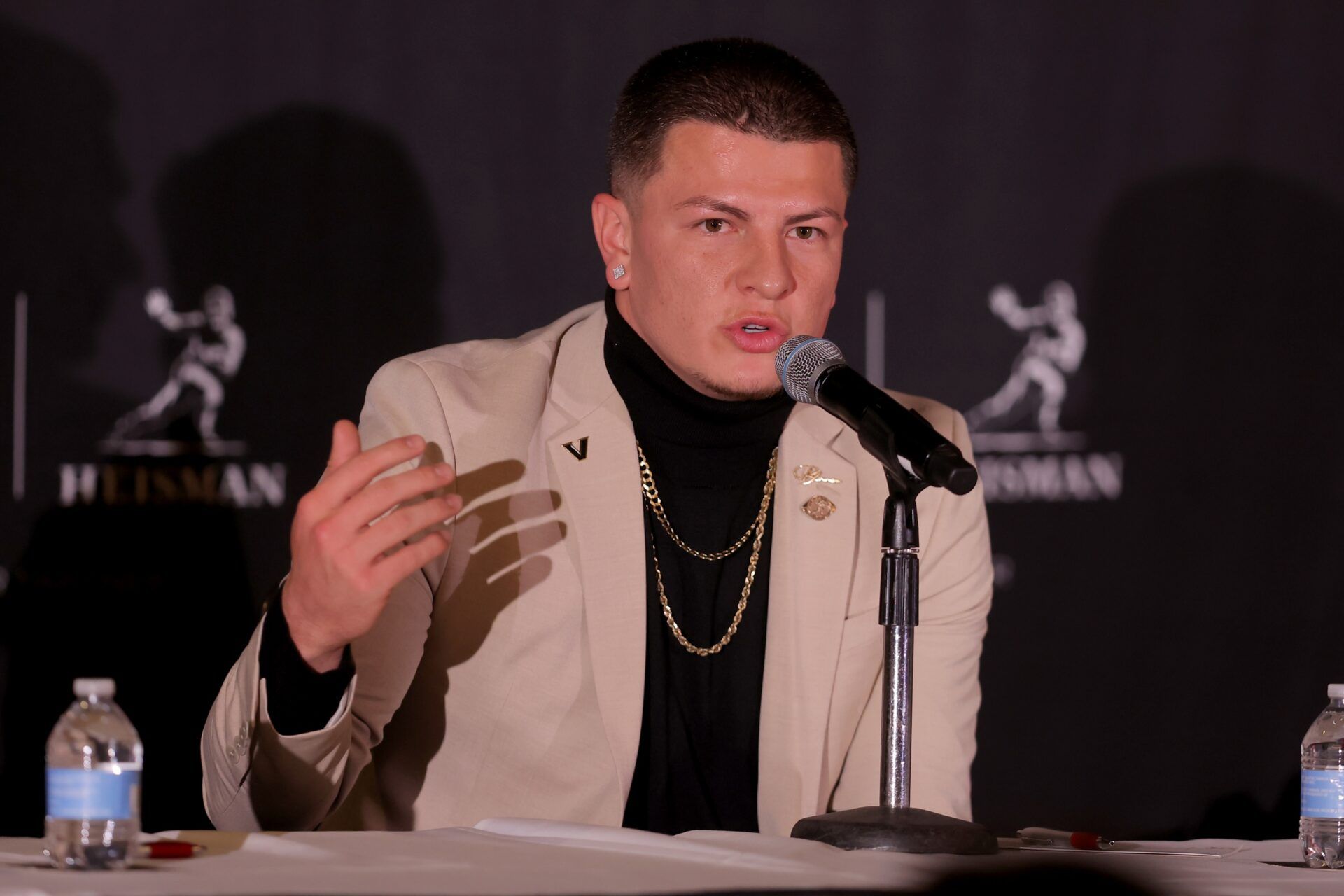 Vanderbilt Commodores quarterback Diego Pavia speaks to the media during a press conference at the New York Marriott Marquis before the presentation of the Heisman trophy.