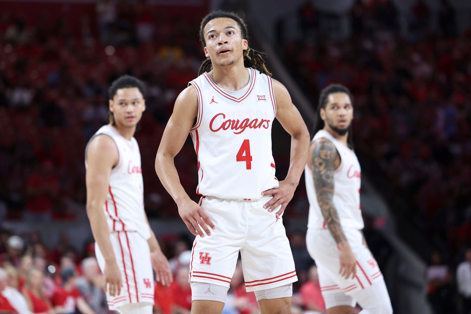 Houston Cougars guard Kingston Flemings (4) reacts after a play during the first half against the New Orleans Privateers at Fertitta Center.